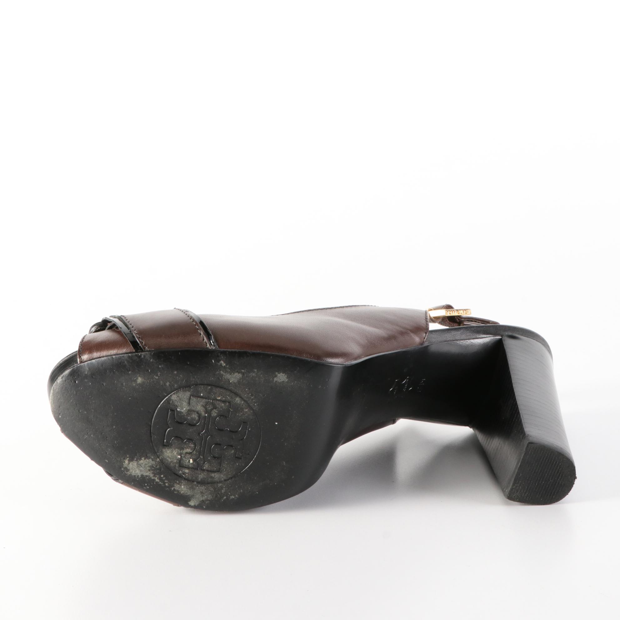 Tory Burch Peep-Toe Heels and T-Ring Pumps in Patent with Block Heel