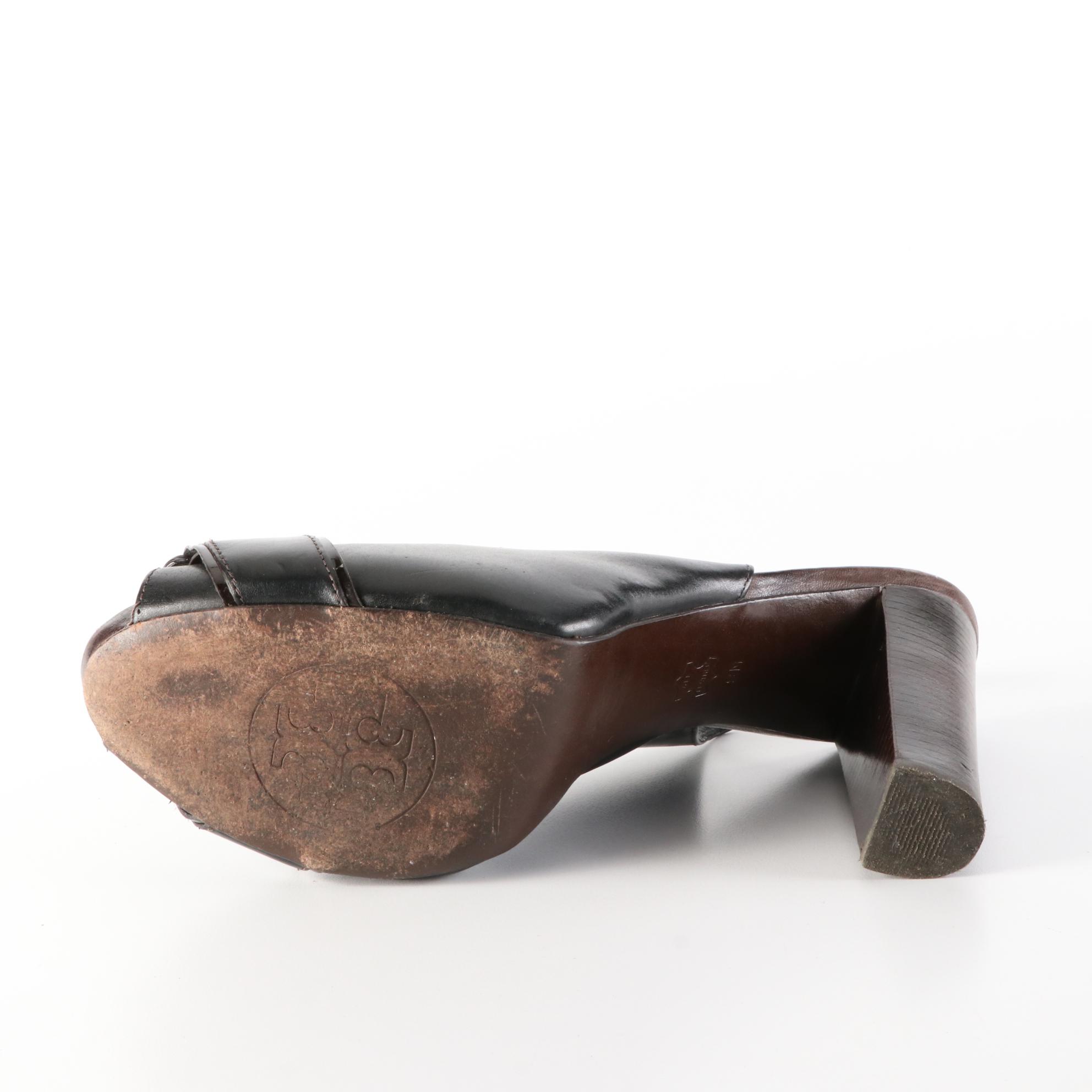 Tory Burch Peep-Toe Heels and T-Ring Pumps in Patent with Block Heel