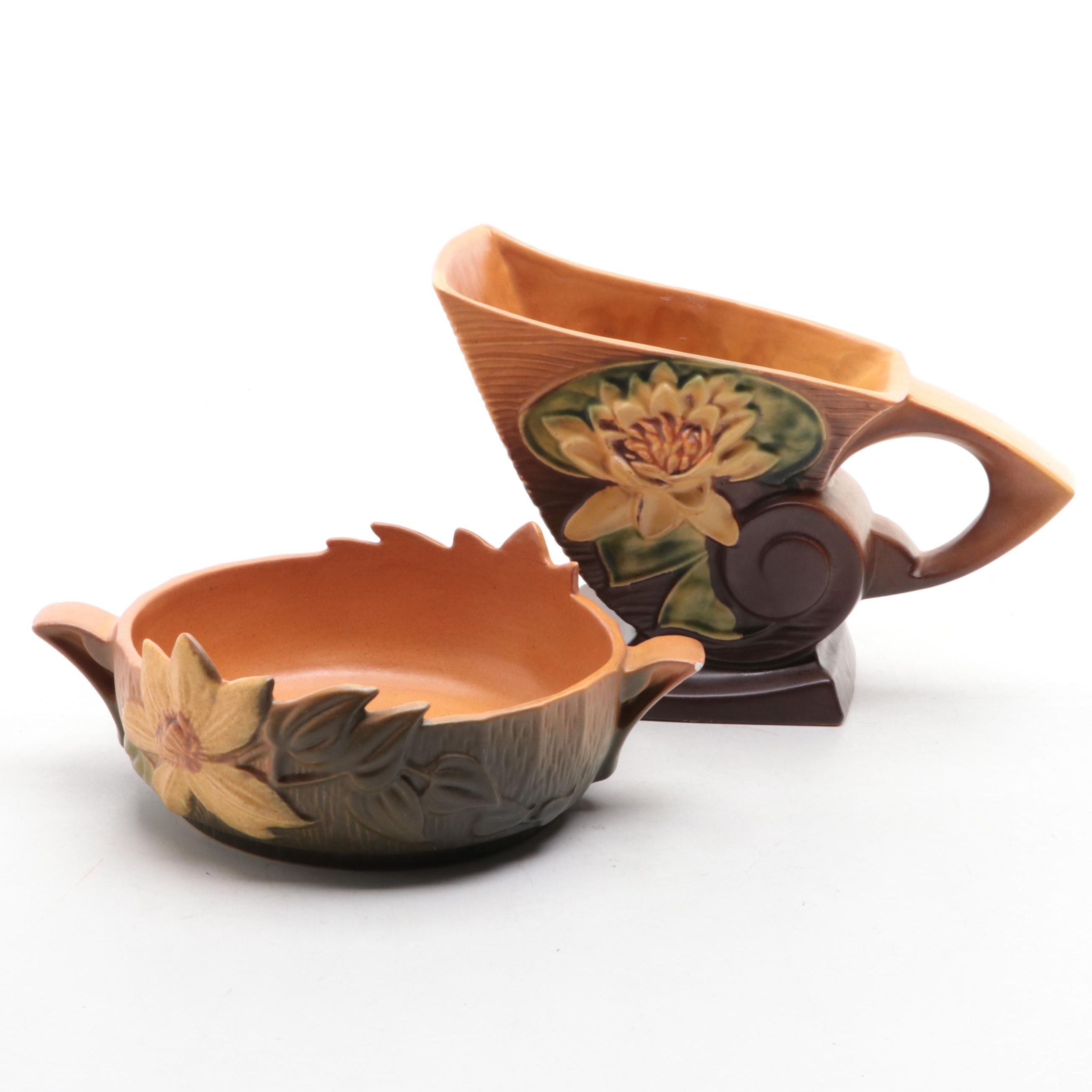 Roseville Pottery "Water Lily" Cornucopia Vase and Handled Planter, Mid-20th C.