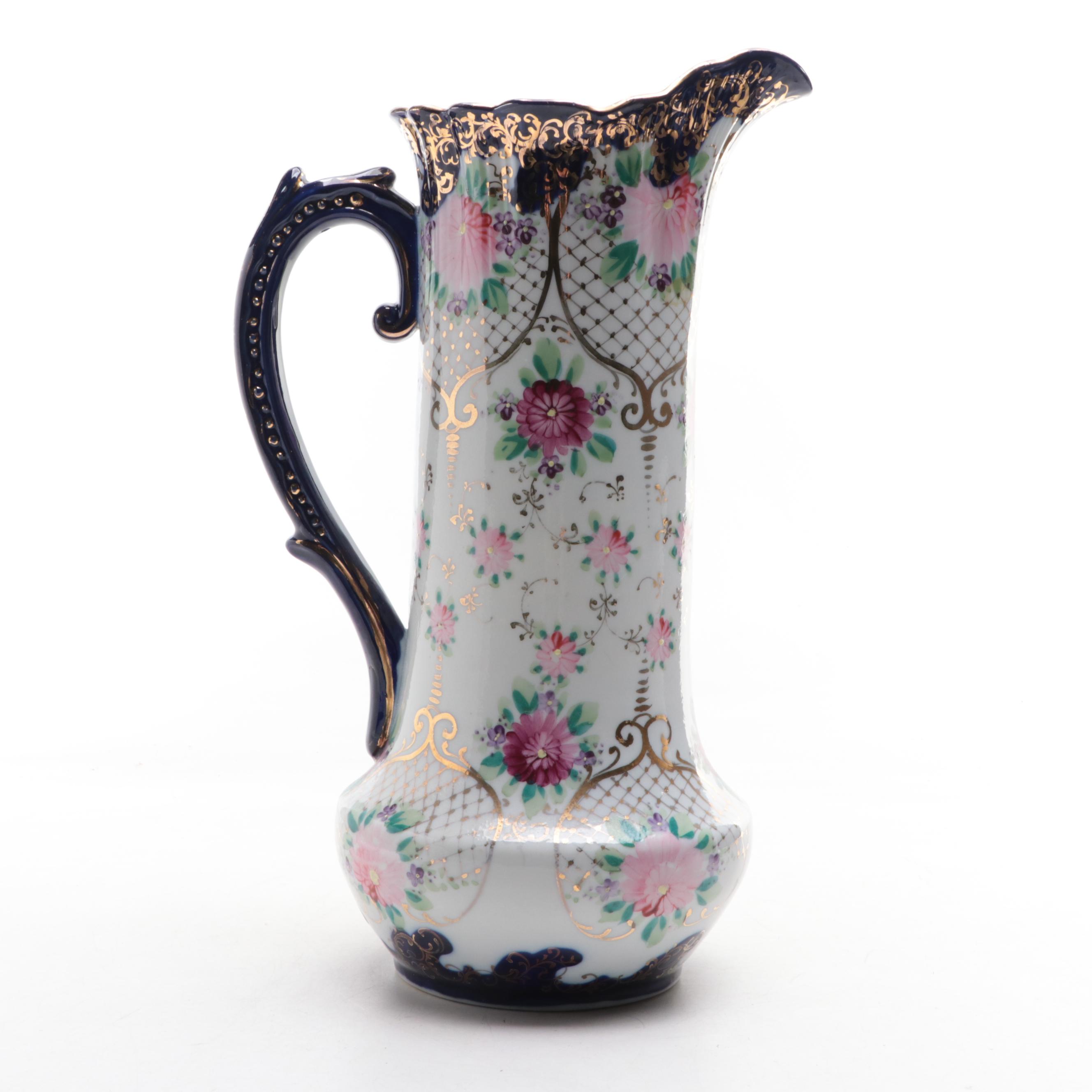 Rococo Style Gilt Accented Hand-Painted Porcelain Pitcher, Early 20th Century