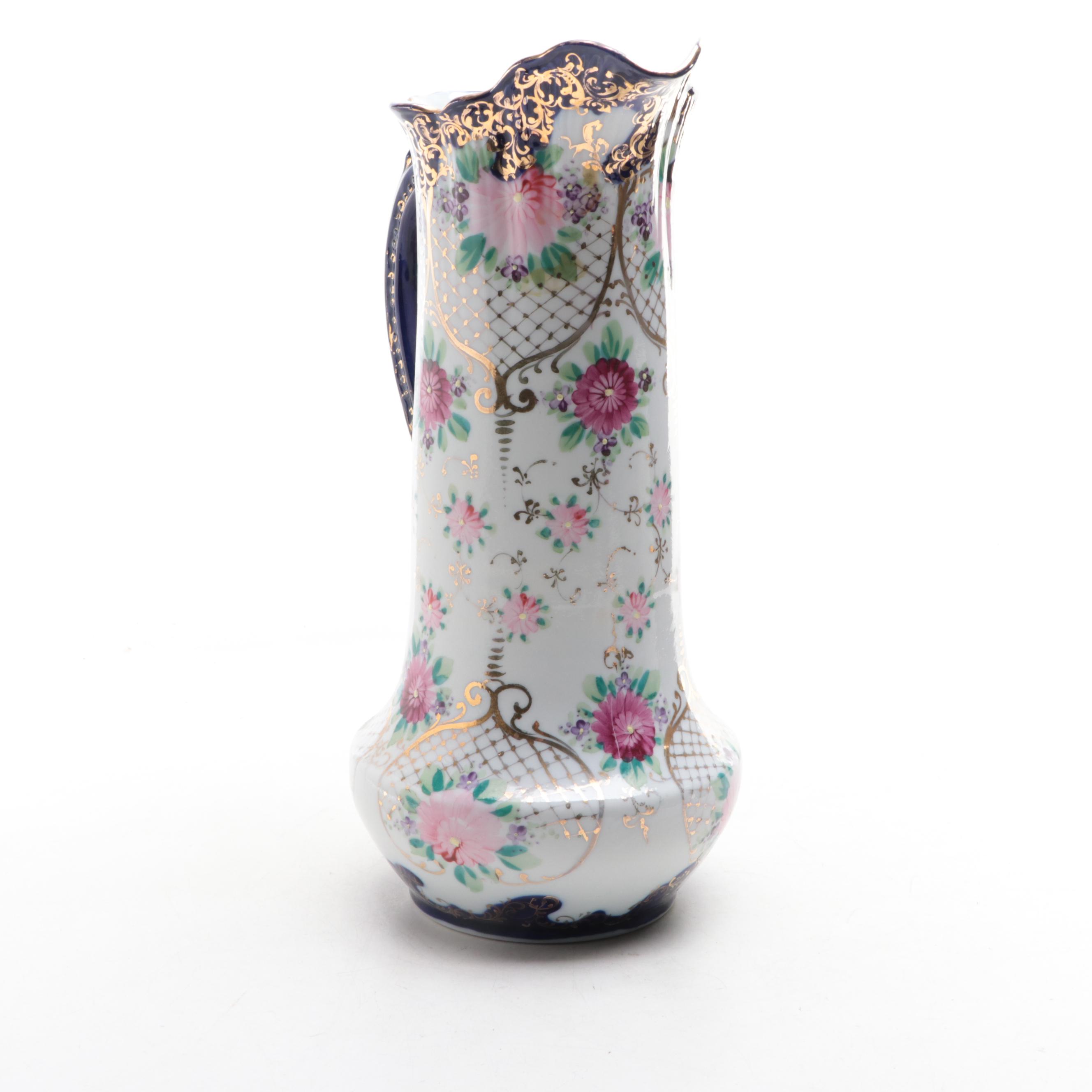 Rococo Style Gilt Accented Hand-Painted Porcelain Pitcher, Early 20th Century