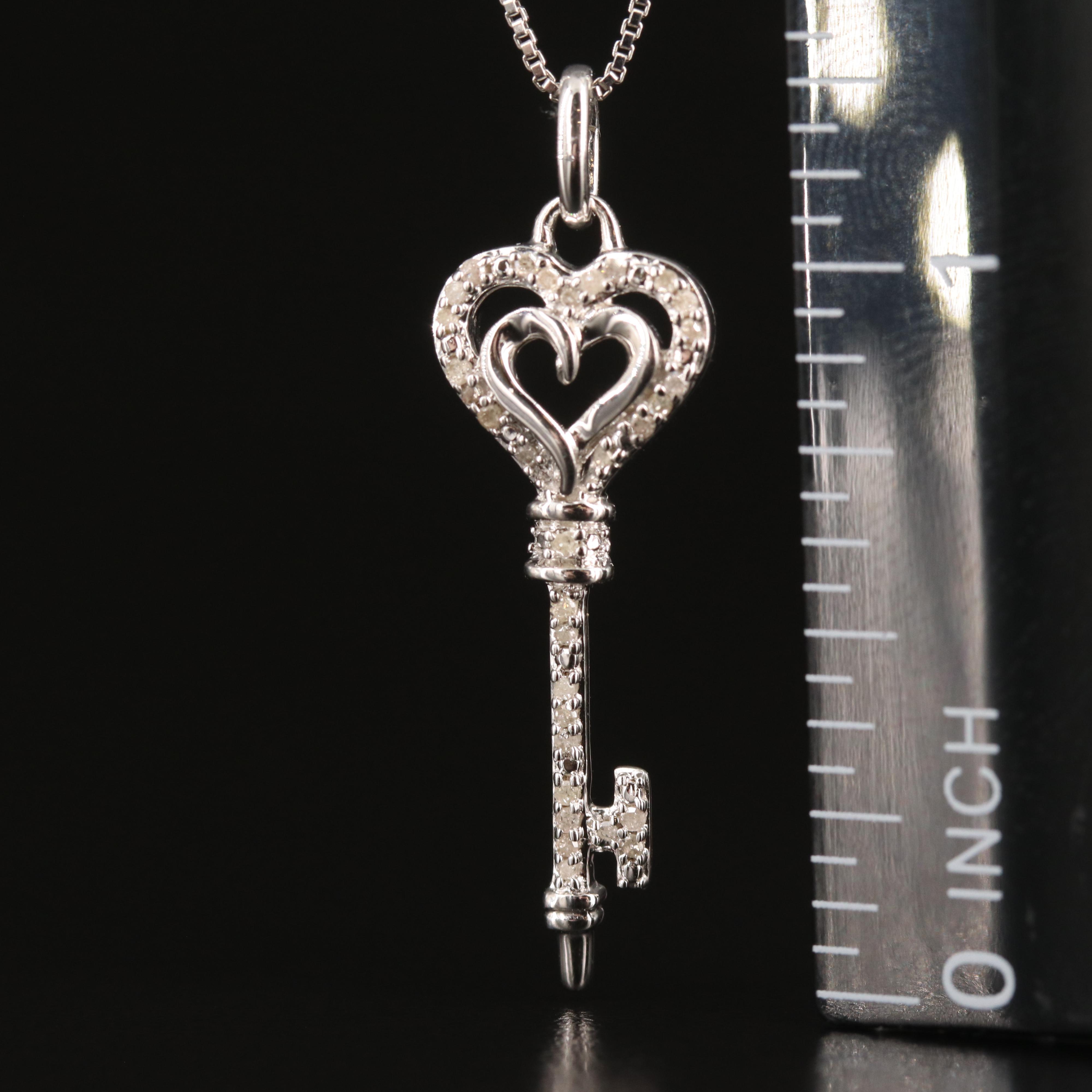 Sterling Diamond Heart Key Pendant Necklace