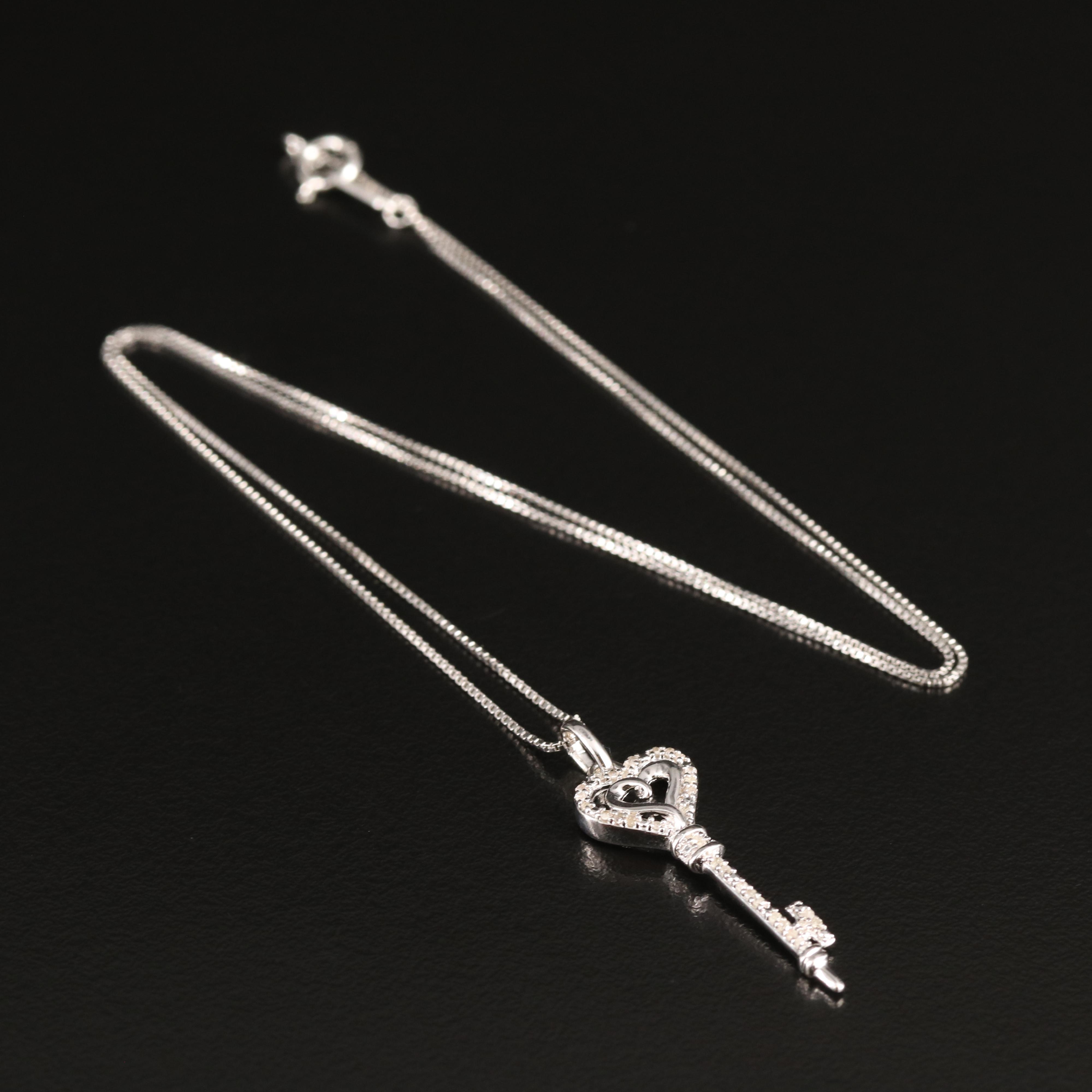 Sterling Diamond Heart Key Pendant Necklace