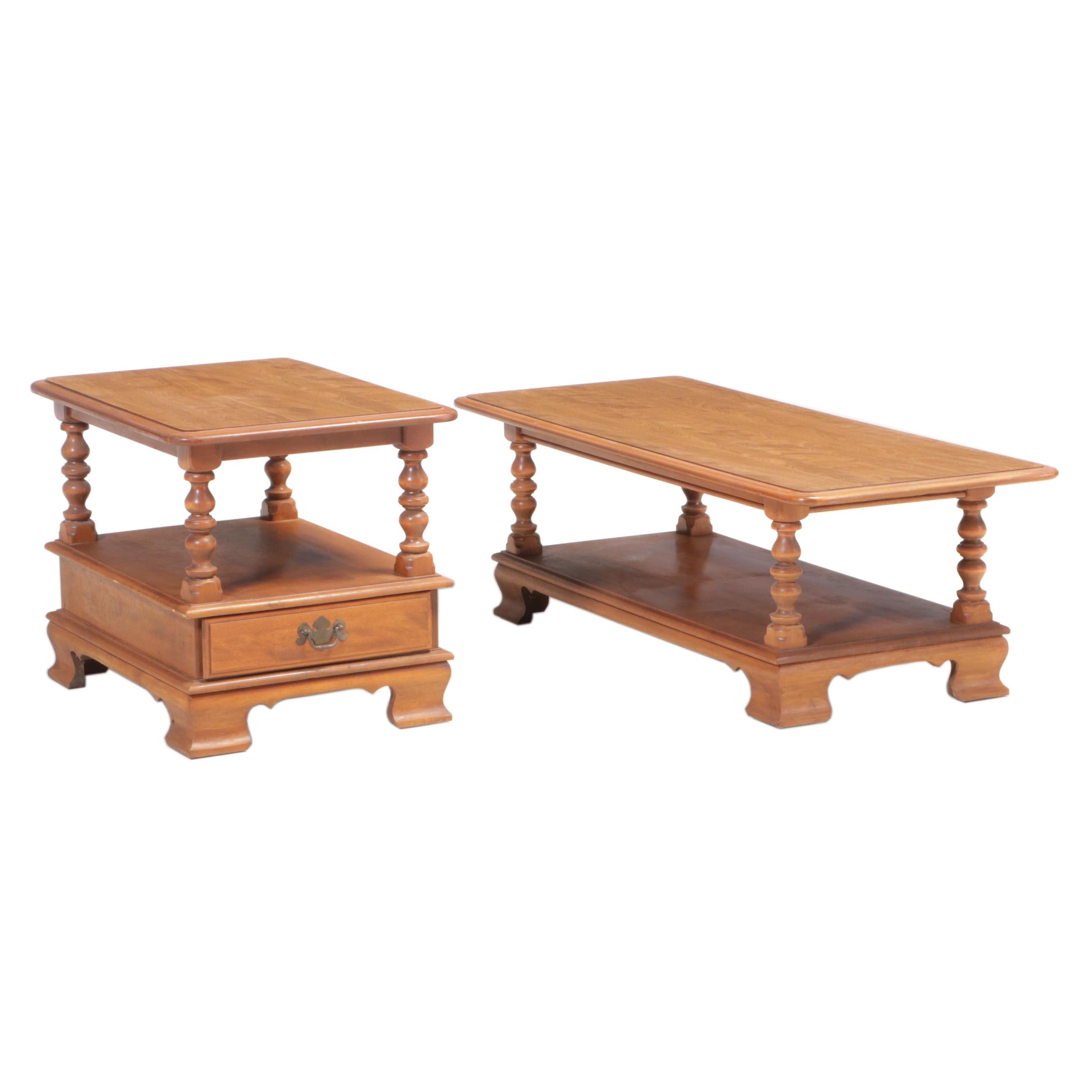 Ethan Allen Chippendale Style Maple and Laminate Top Coffee Table and Side Table