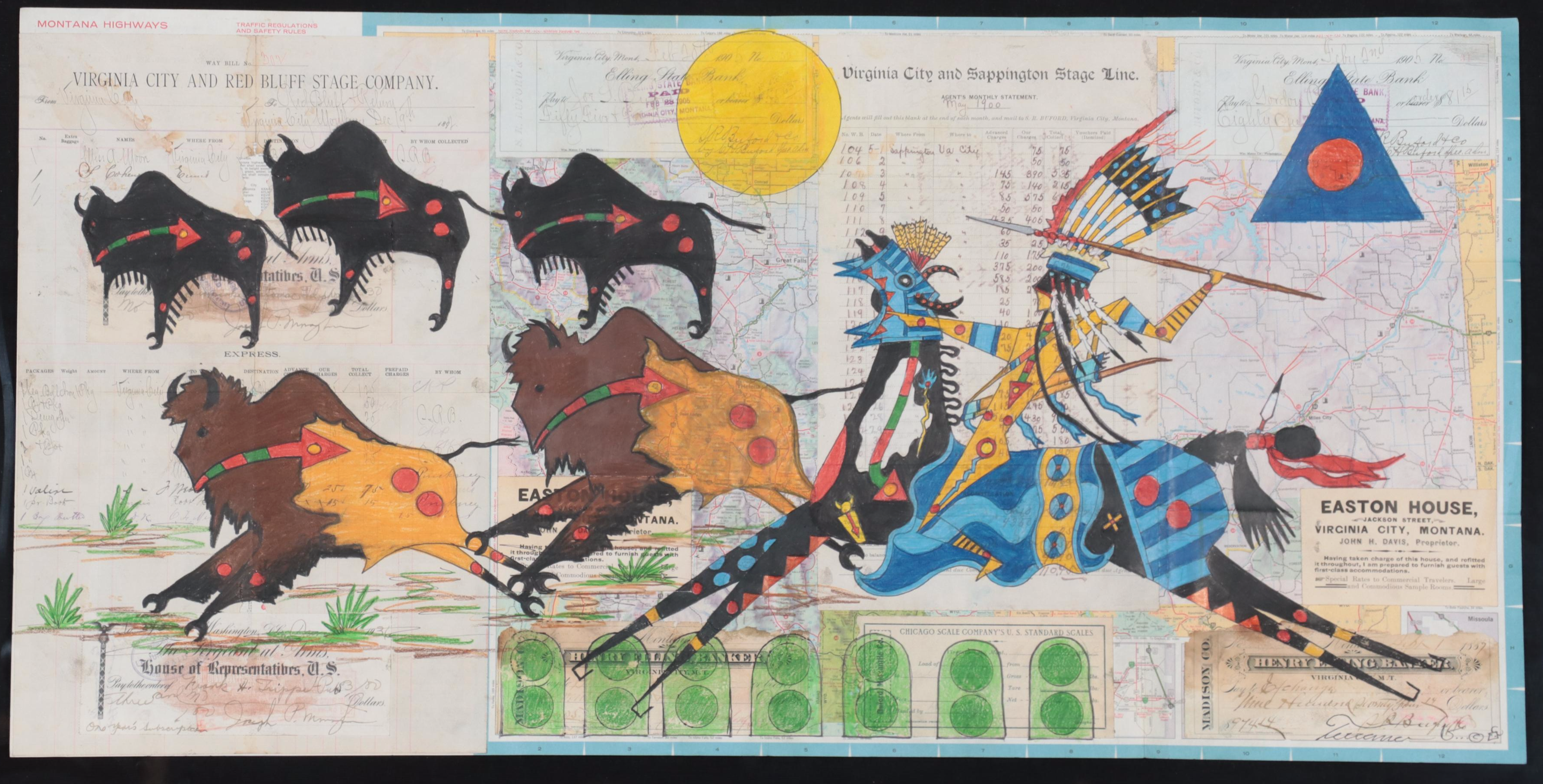 Native American Mixed Media Ledger Drawing of Hunting Buffalo, Late 20th Century