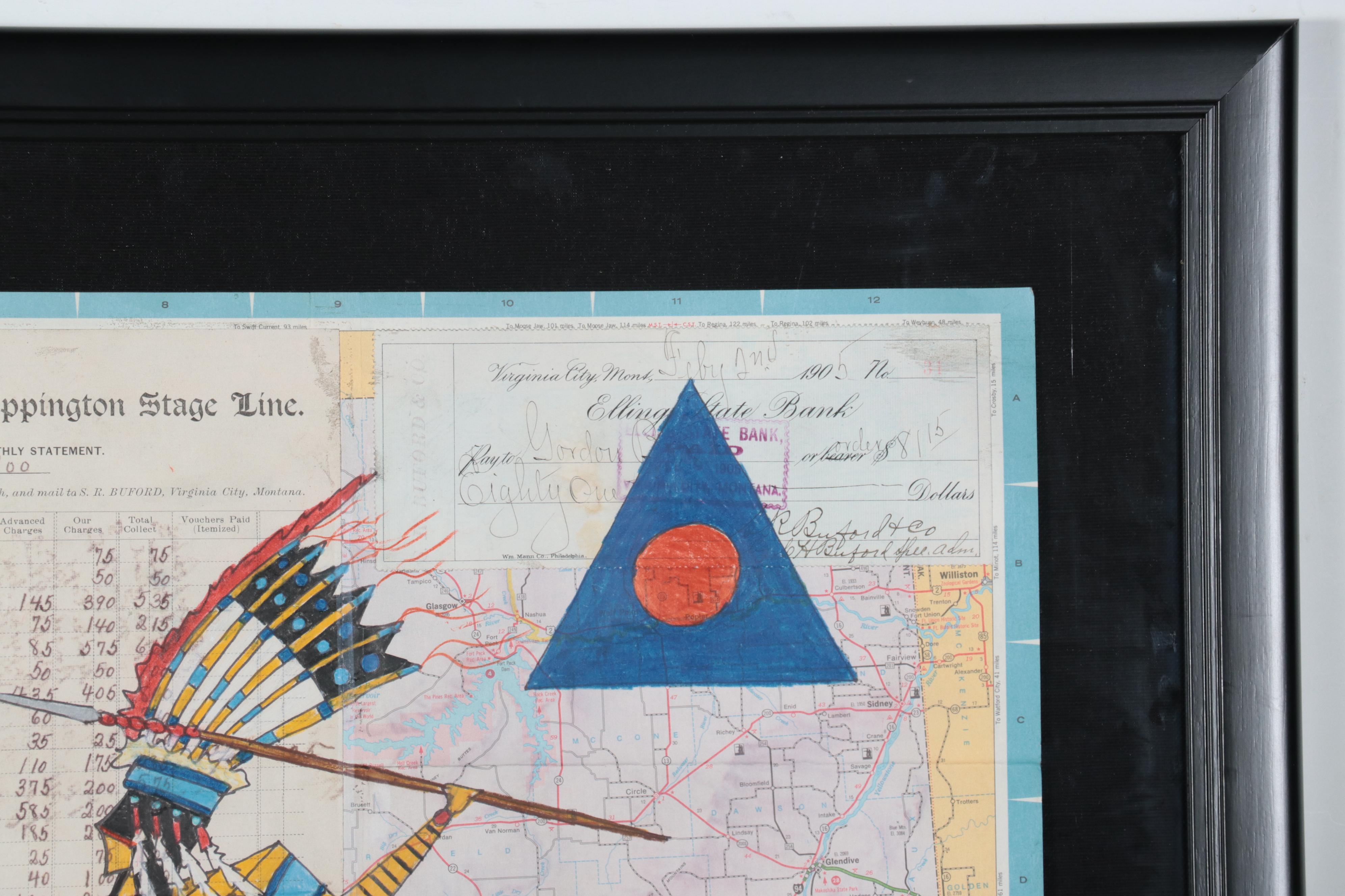 Native American Mixed Media Ledger Drawing of Hunting Buffalo, Late 20th Century