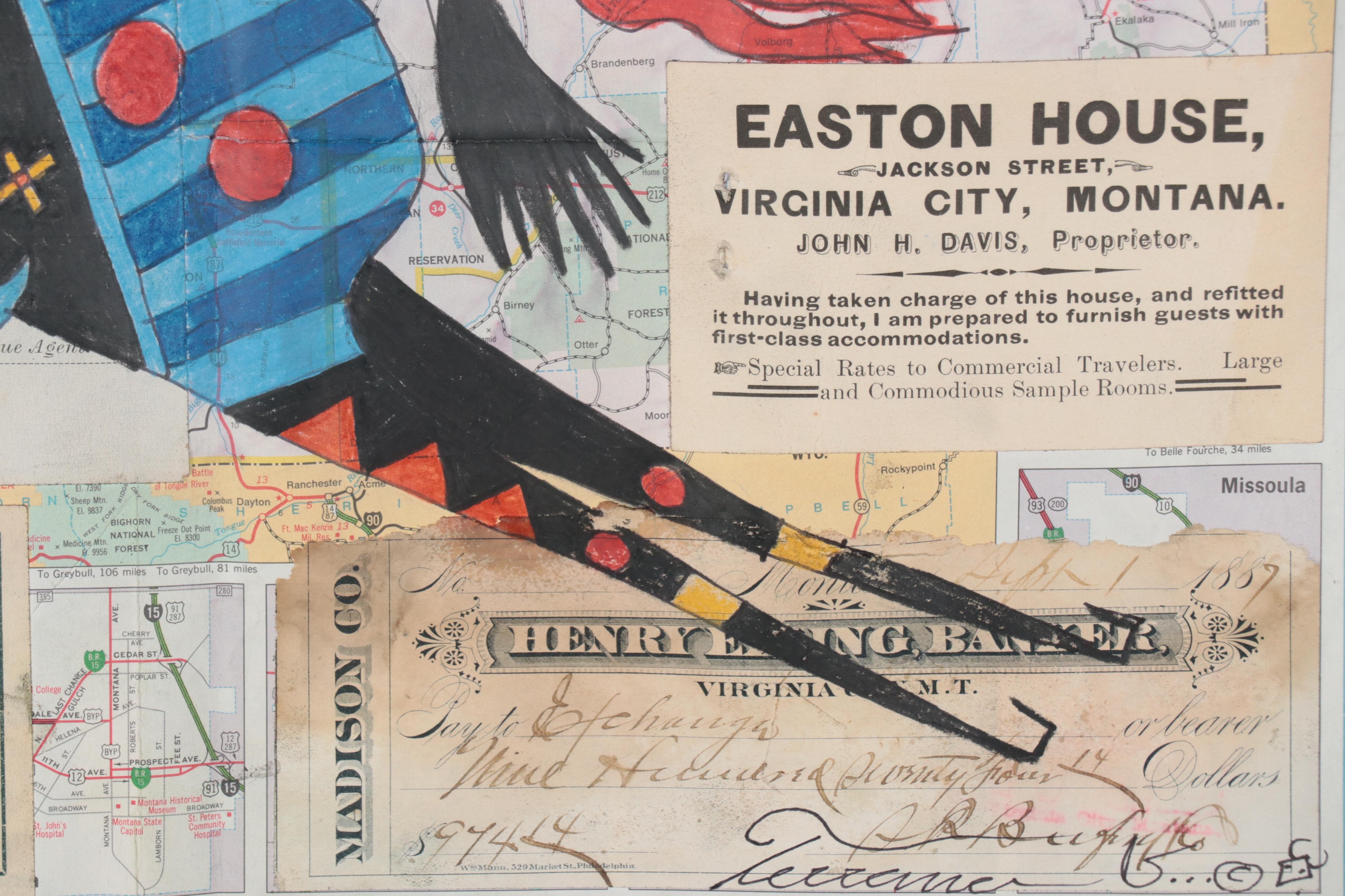 Native American Mixed Media Ledger Drawing of Hunting Buffalo, Late 20th Century