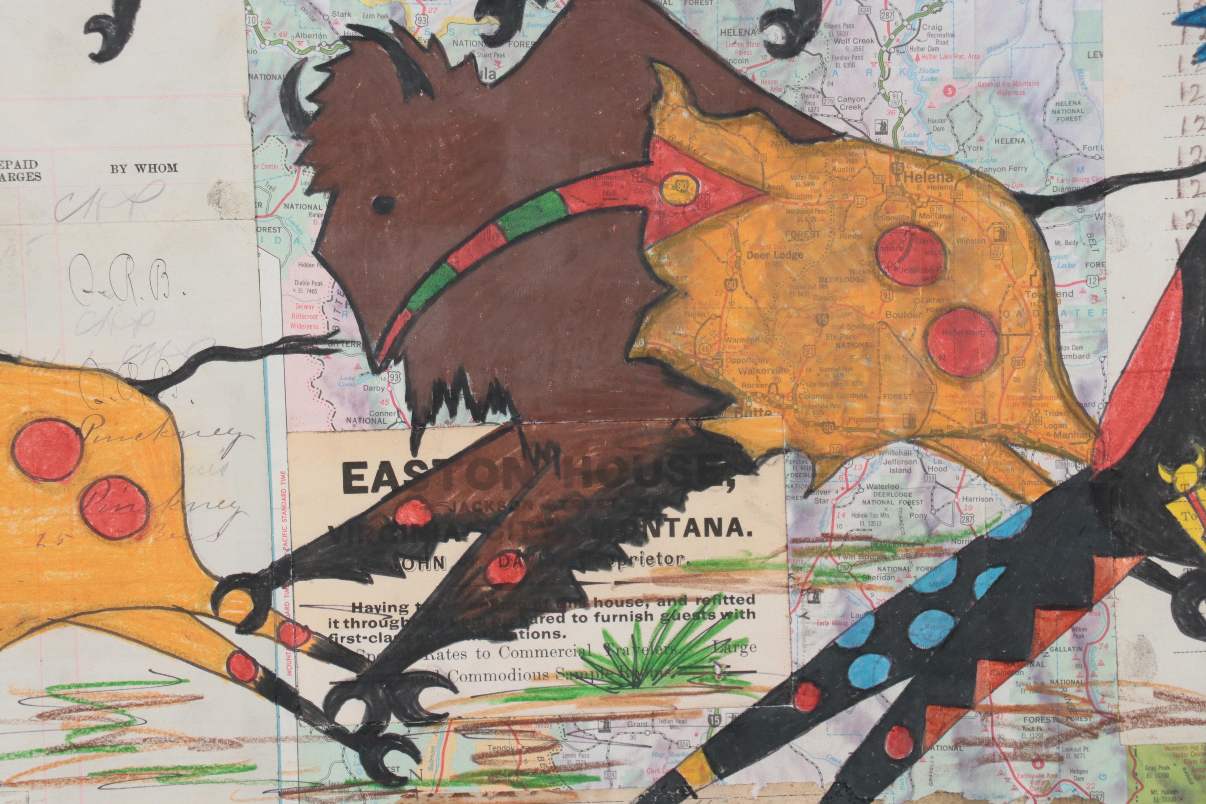 Native American Mixed Media Ledger Drawing of Hunting Buffalo, Late 20th Century