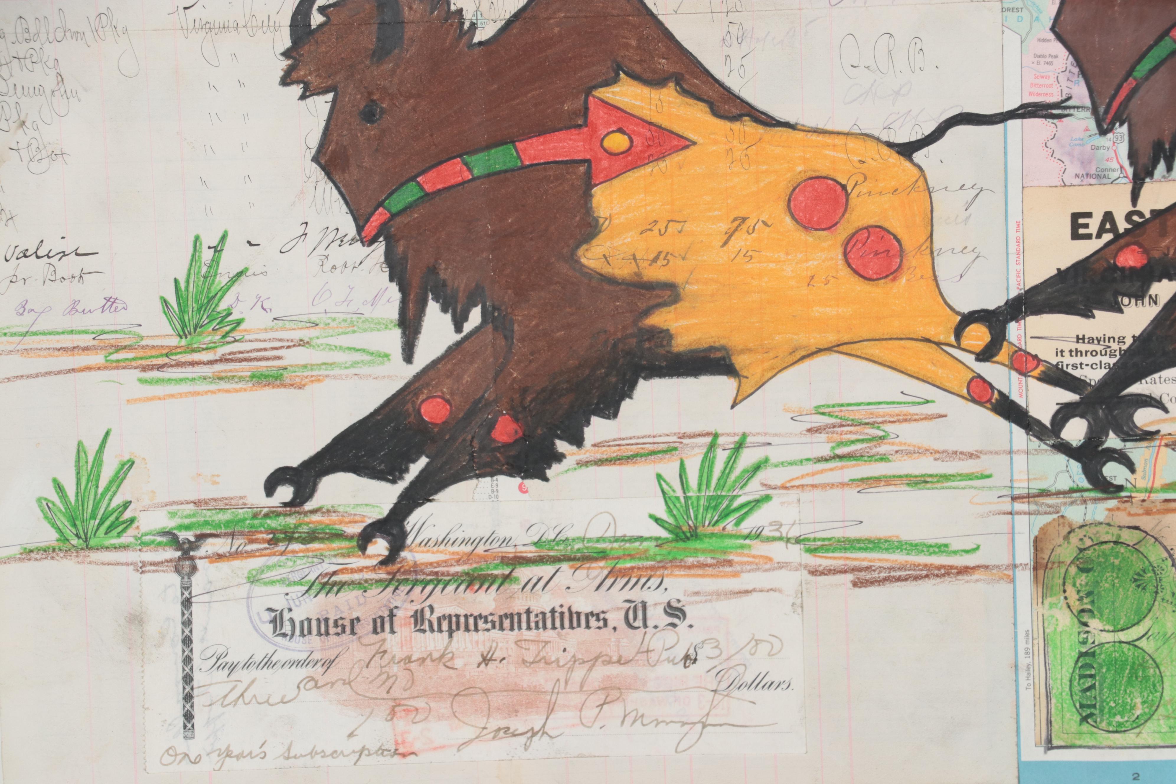 Native American Mixed Media Ledger Drawing of Hunting Buffalo, Late 20th Century
