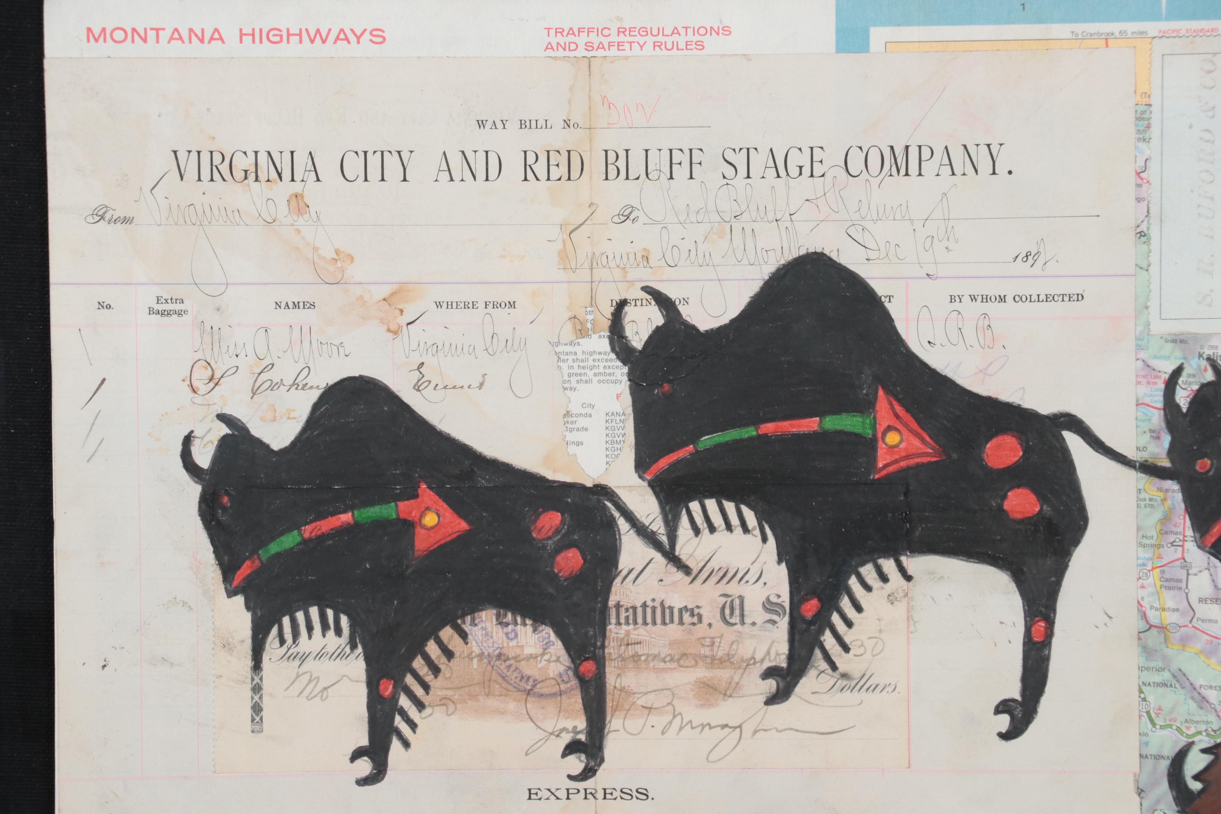 Native American Mixed Media Ledger Drawing of Hunting Buffalo, Late 20th Century