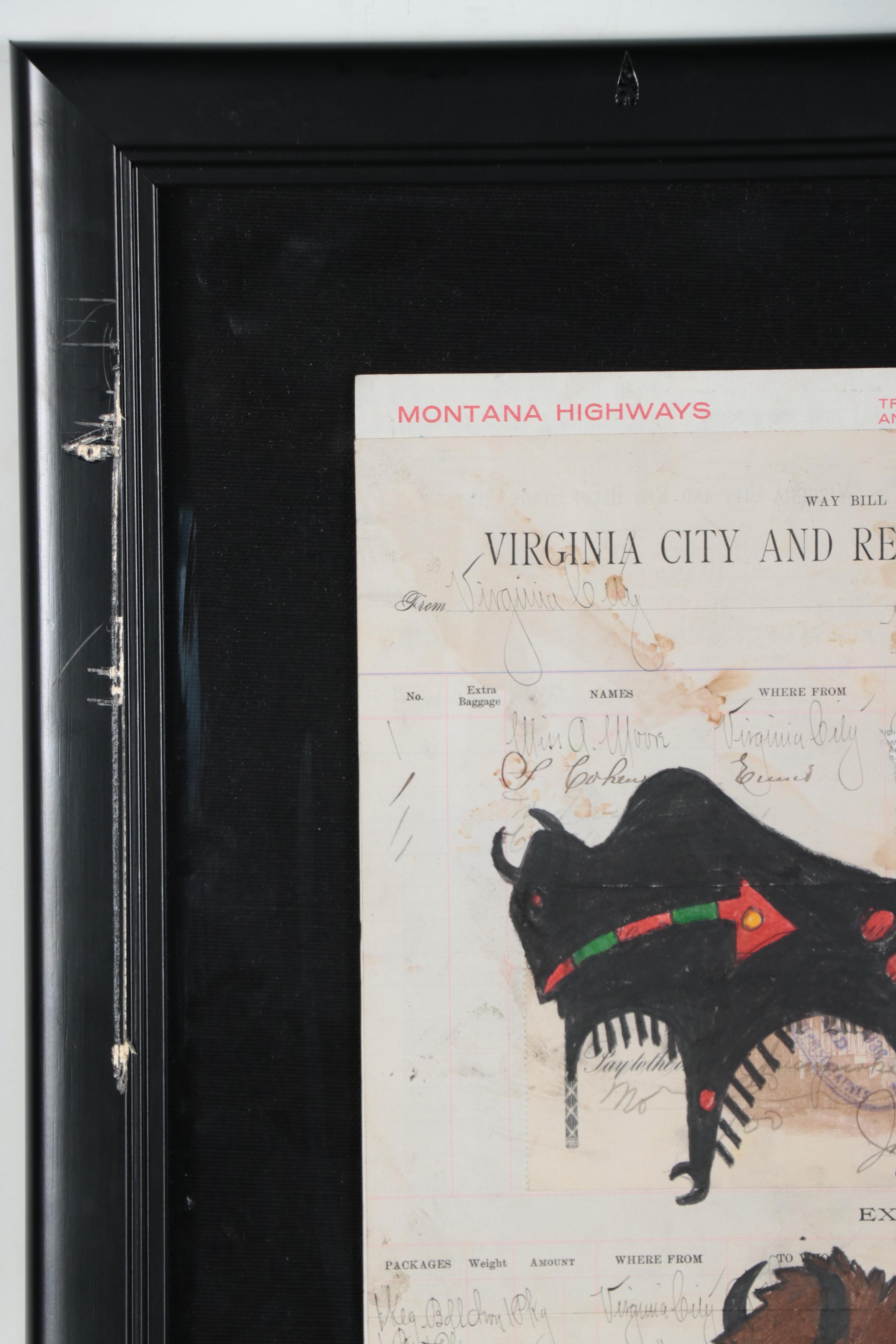 Native American Mixed Media Ledger Drawing of Hunting Buffalo, Late 20th Century