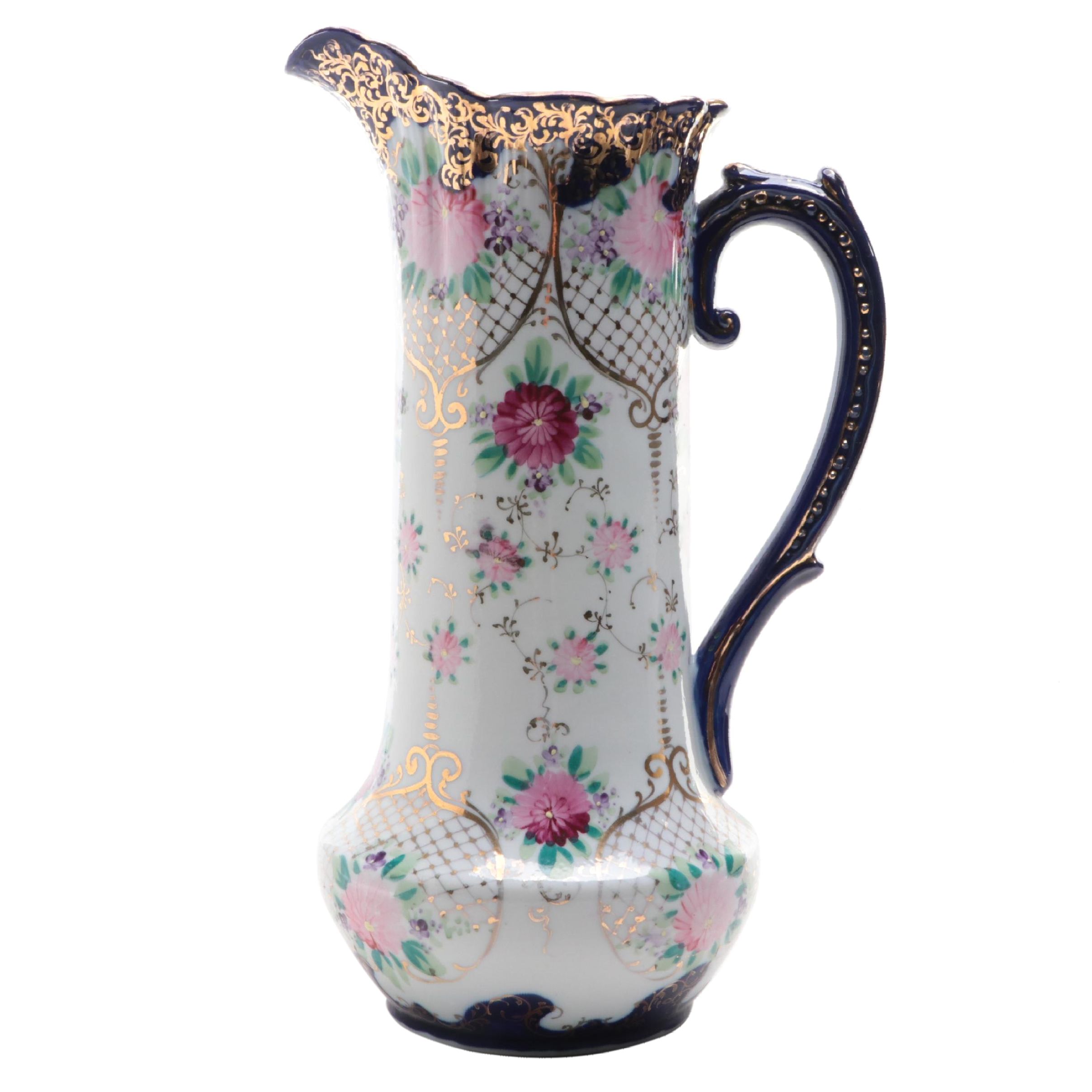 Rococo Style Gilt Accented Hand-Painted Porcelain Pitcher, Early 20th Century