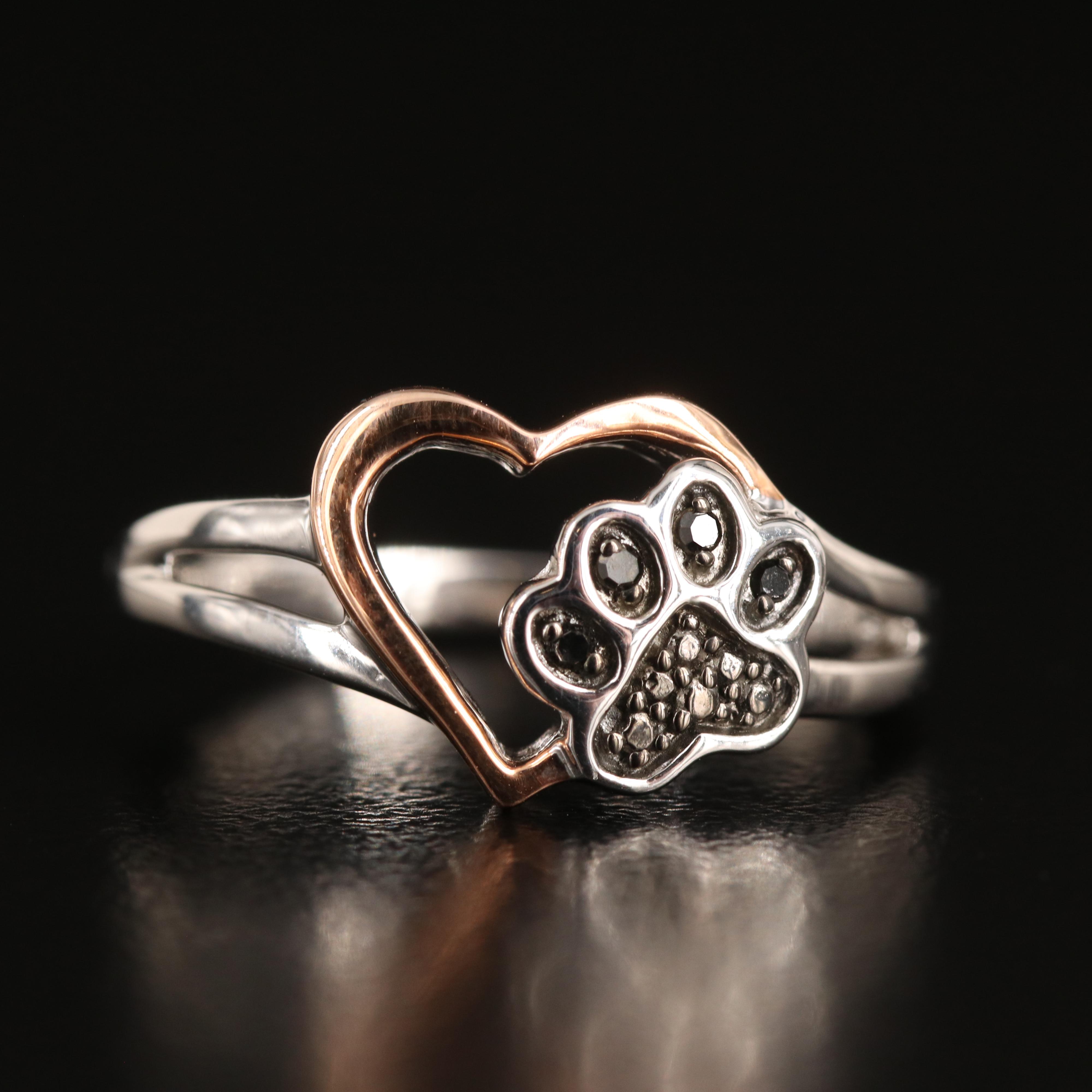 Sterling Diamond Heart and Paw Print Ring with 10K Rose Gold Accent