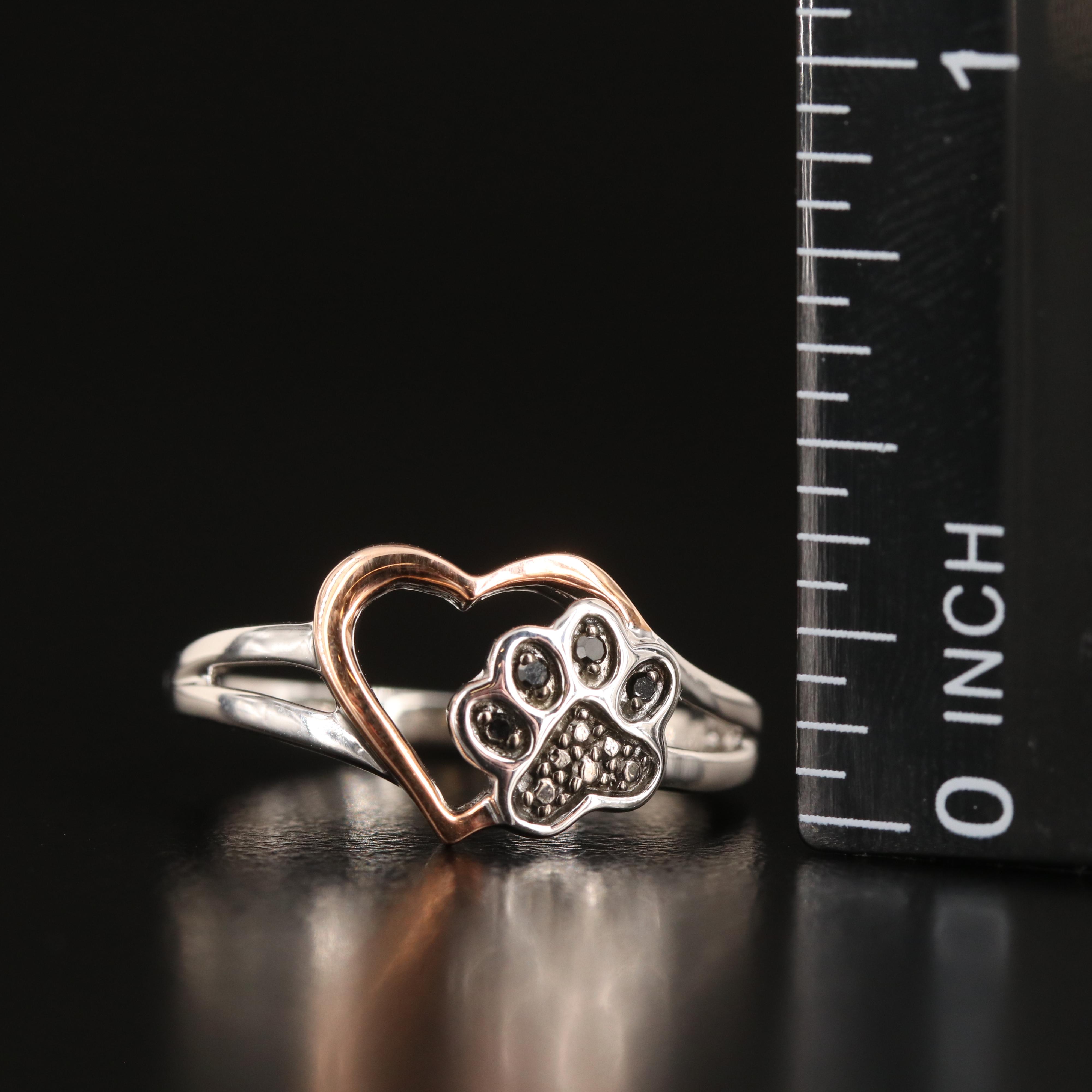 Sterling Diamond Heart and Paw Print Ring with 10K Rose Gold Accent