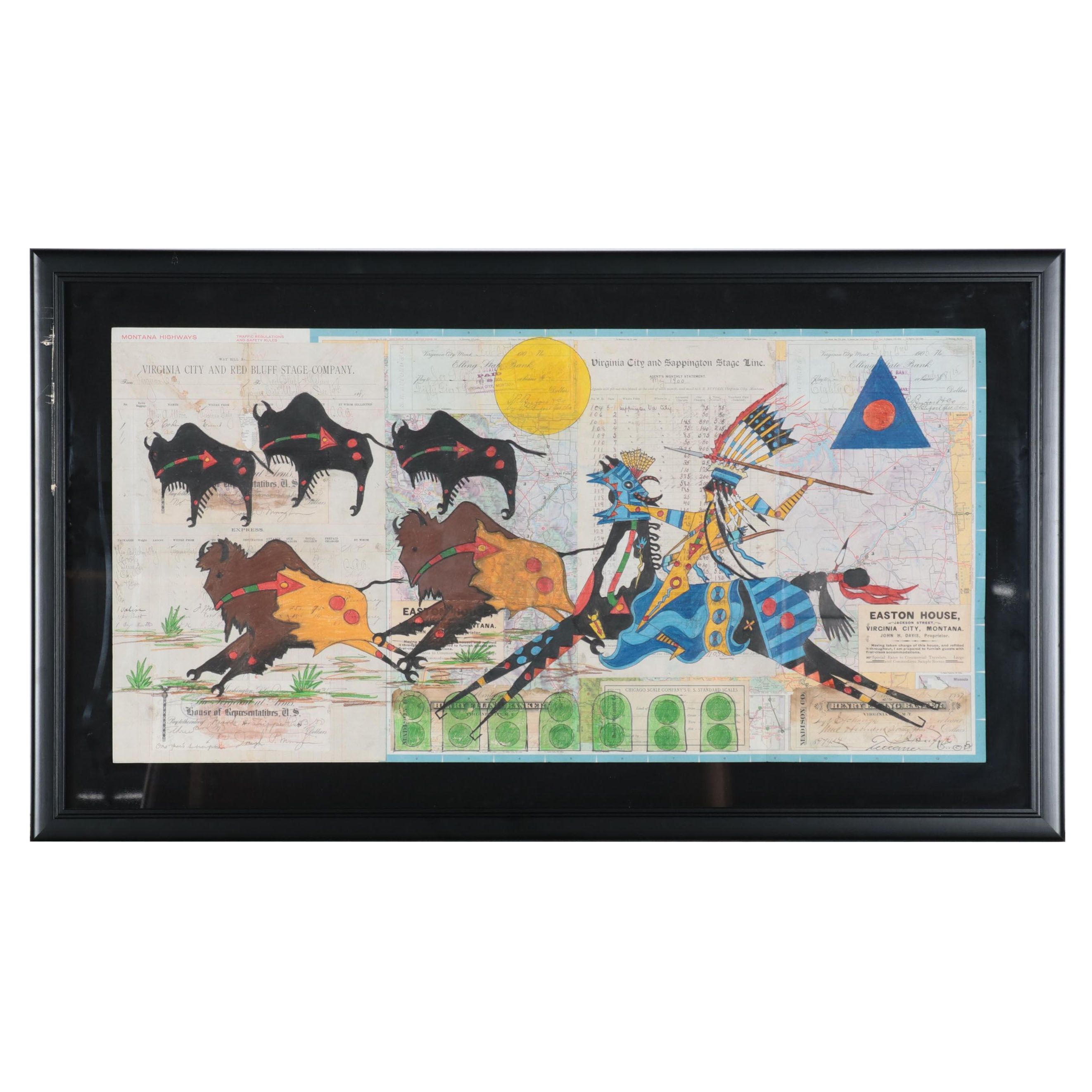 Native American Mixed Media Ledger Drawing of Hunting Buffalo, Late 20th Century