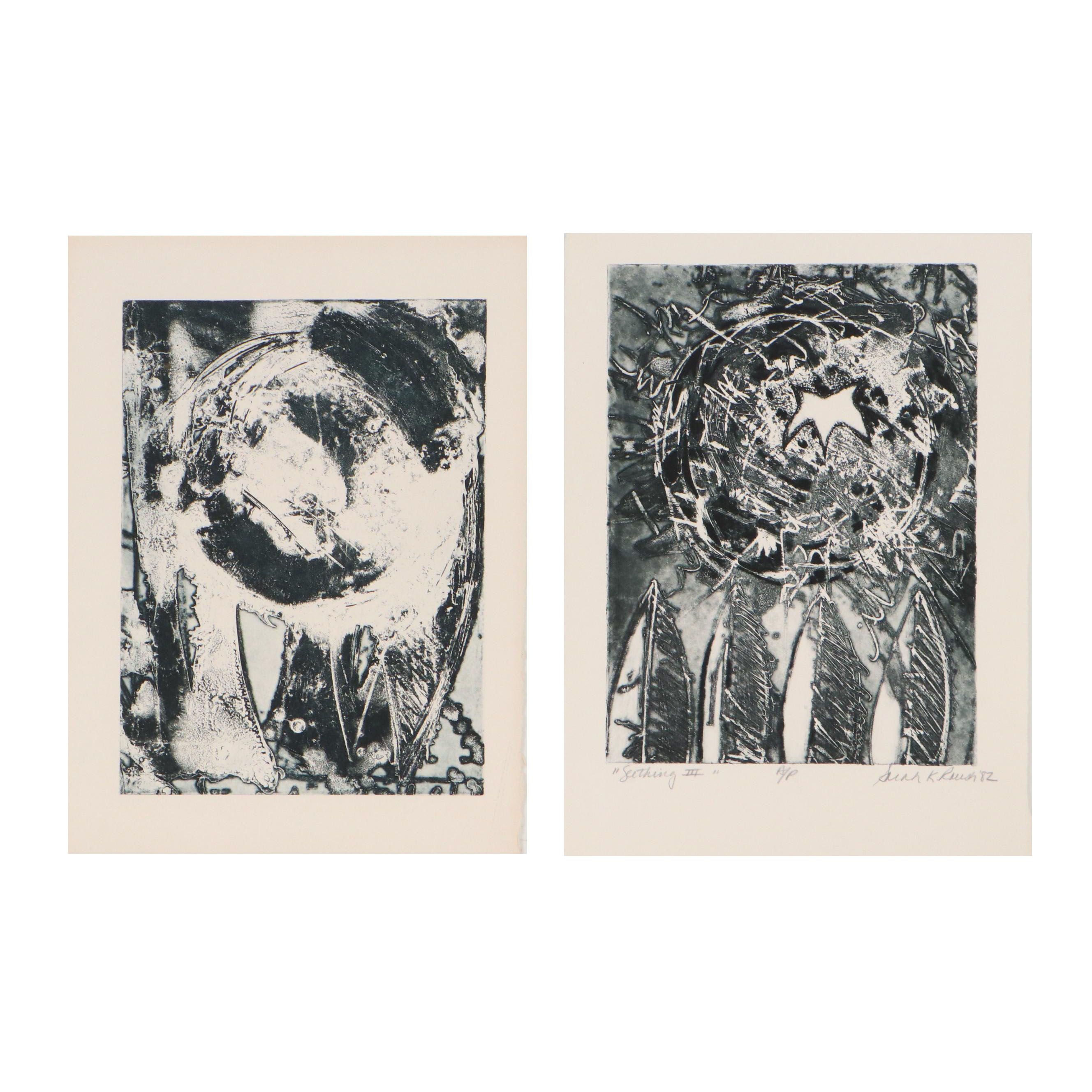 Sarah Roush Abstract Aquatint Etchings "Seething III," 1982