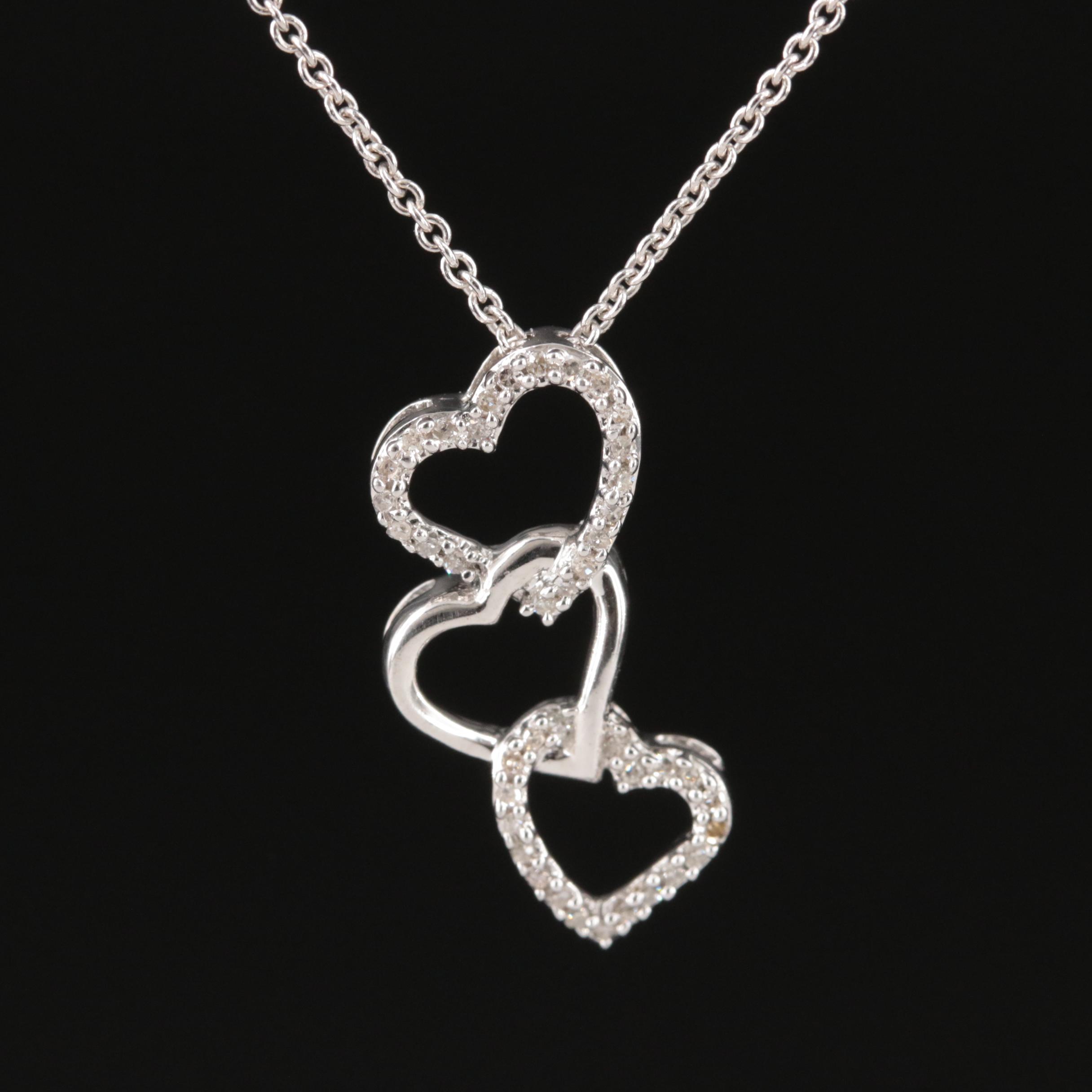 Sterling Diamond Triple Heart Pendant Necklace