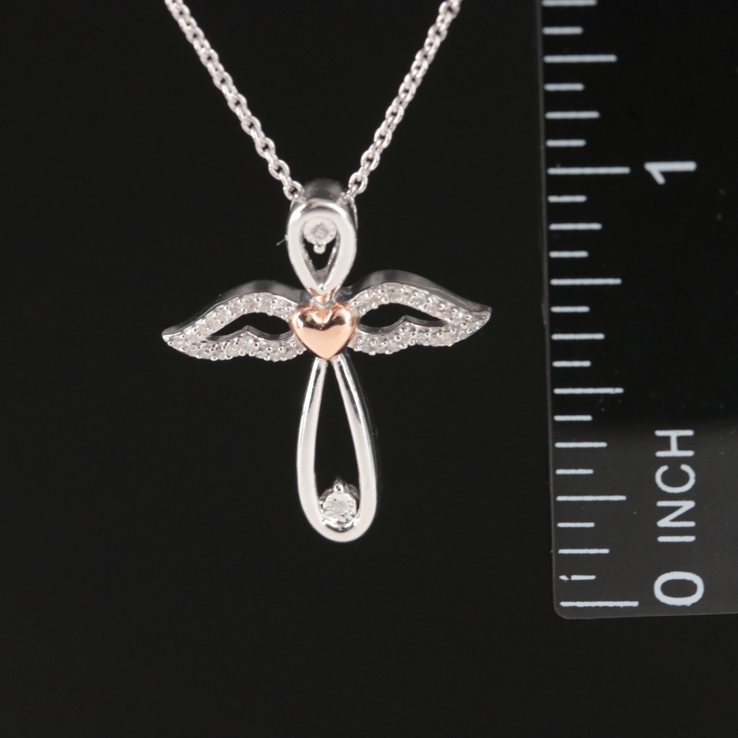 Sterling Diamond Angel Cross Pendant Necklace