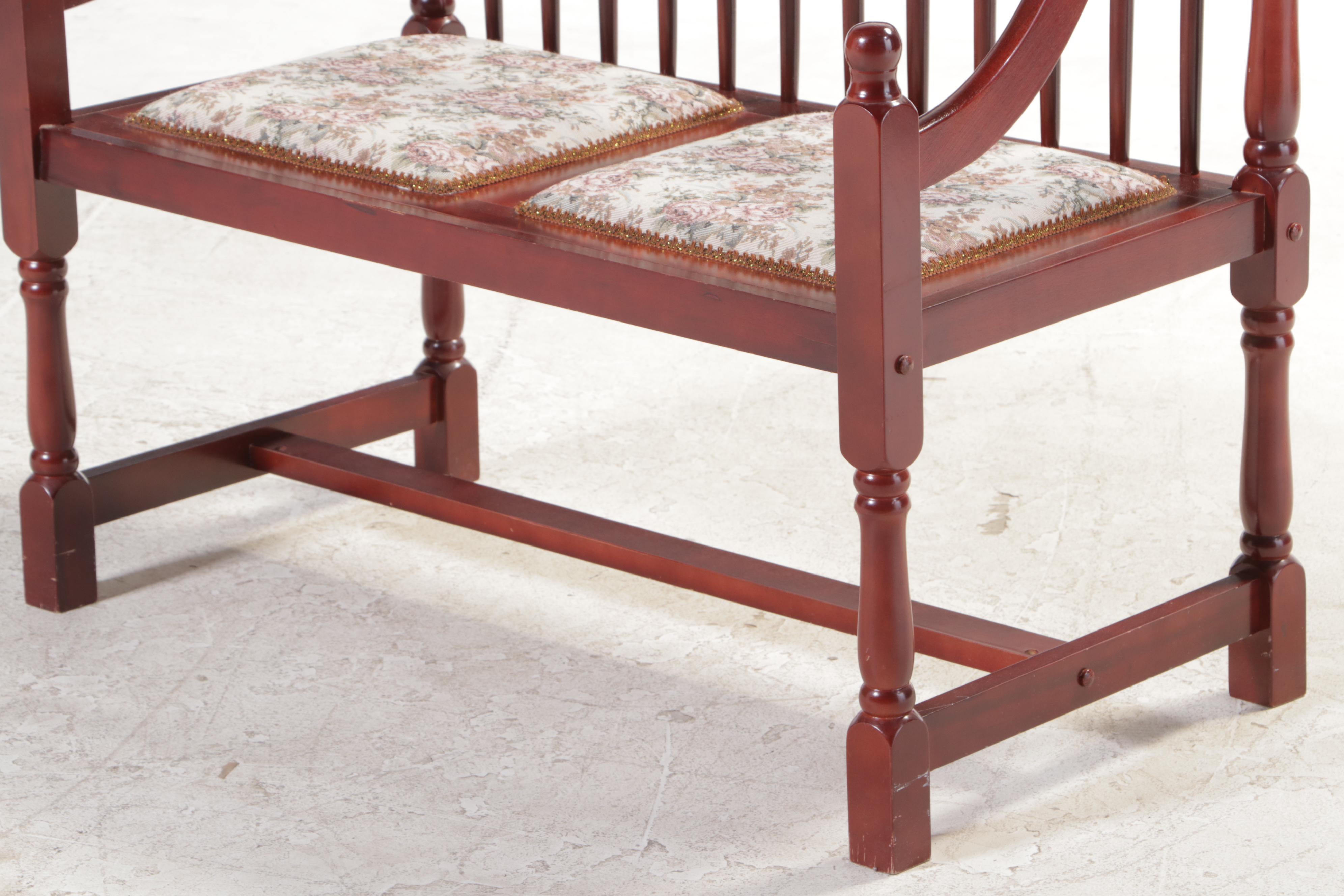 Queen Anne Style Mahogany-Stained and Floral-Upholstered Spindle-Back Bench