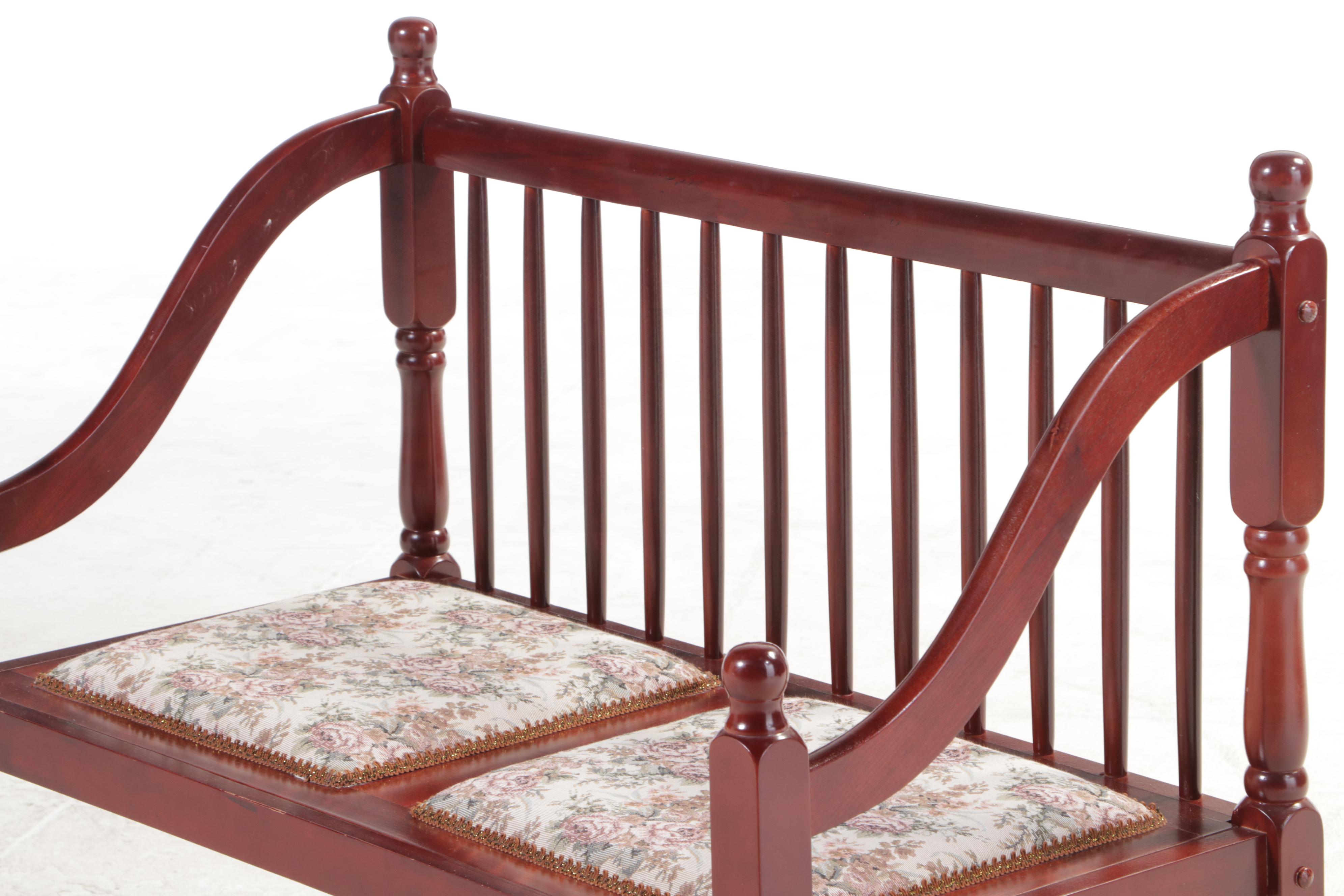 Queen Anne Style Mahogany-Stained and Floral-Upholstered Spindle-Back Bench