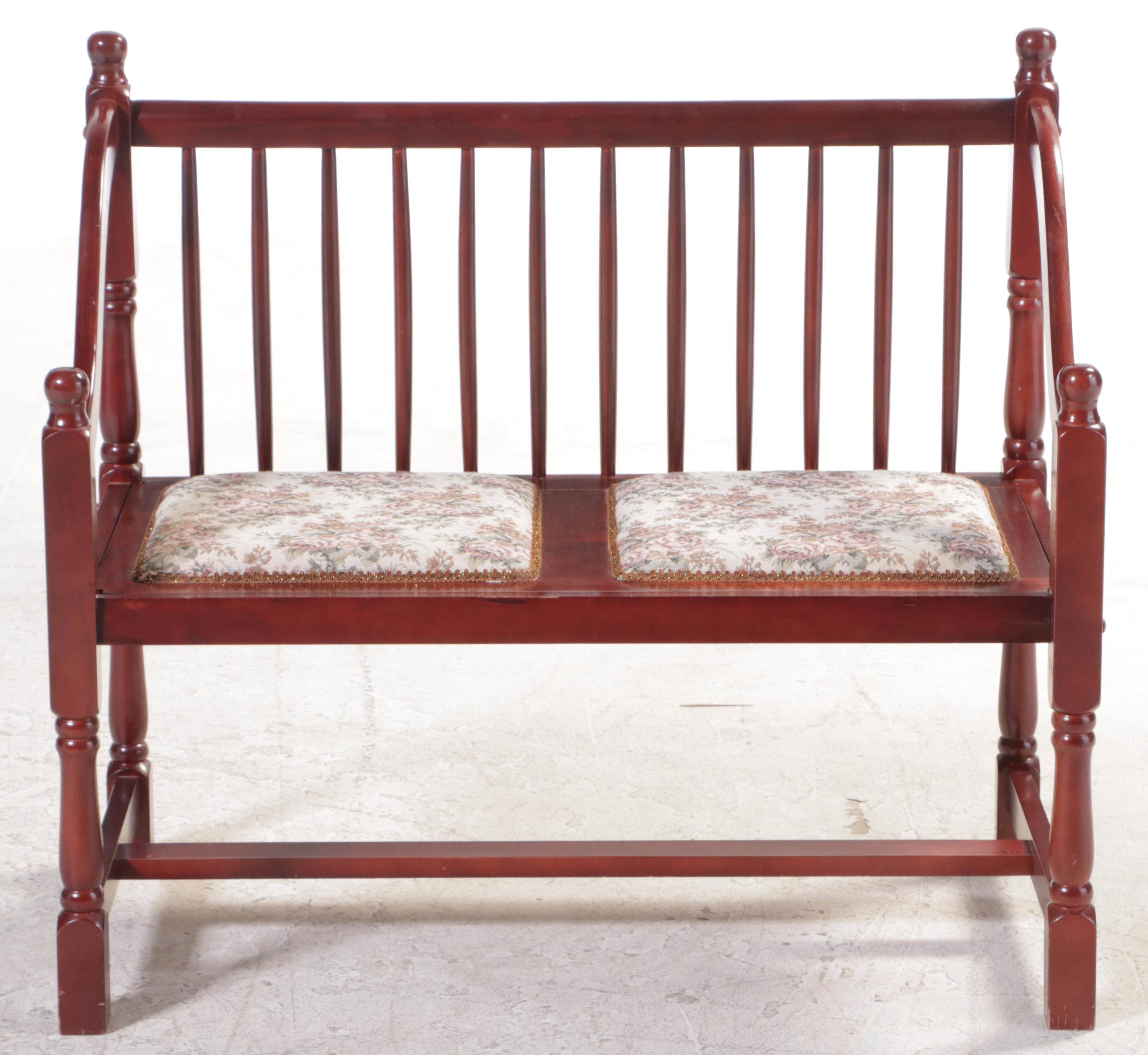 Queen Anne Style Mahogany-Stained and Floral-Upholstered Spindle-Back Bench