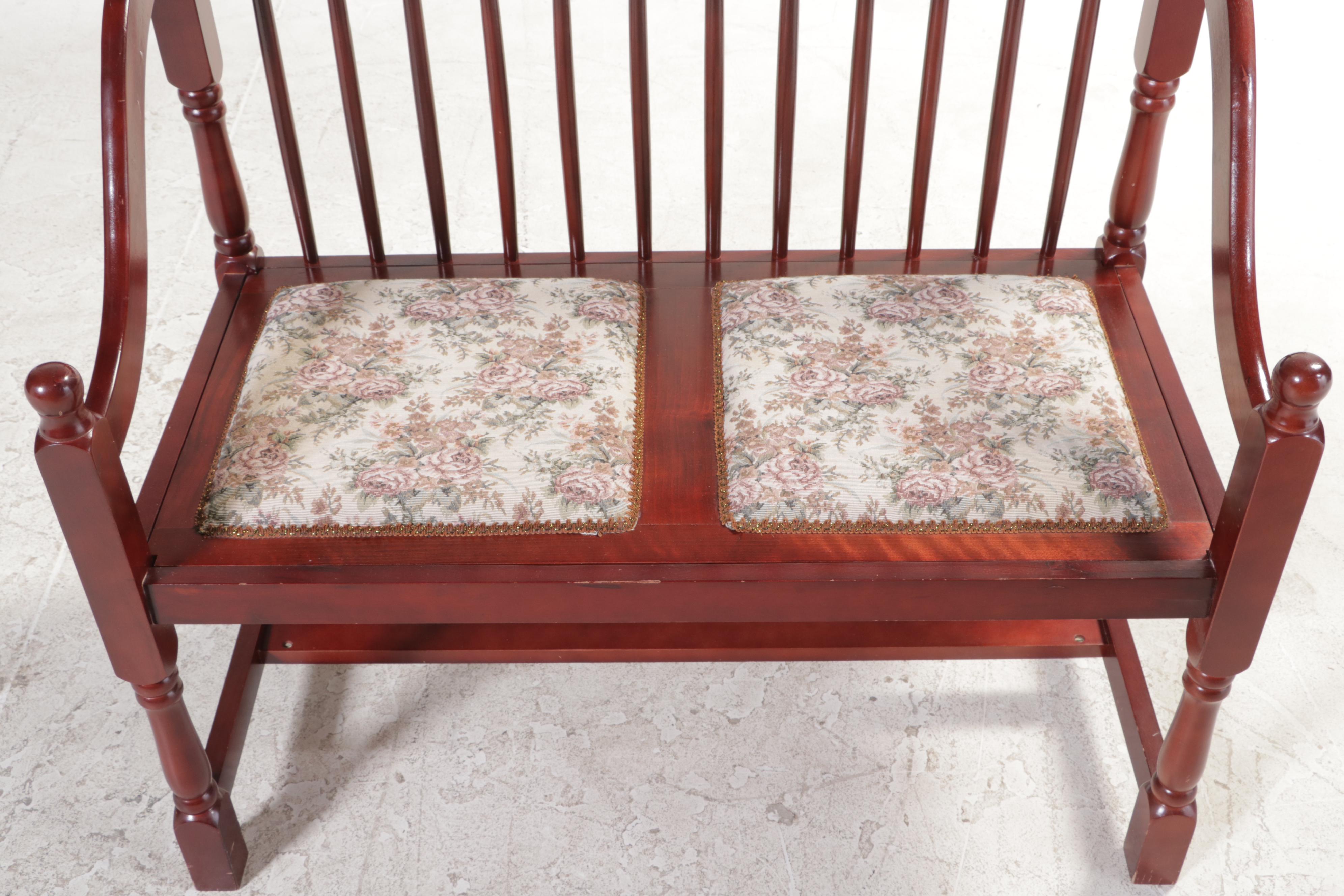 Queen Anne Style Mahogany-Stained and Floral-Upholstered Spindle-Back Bench