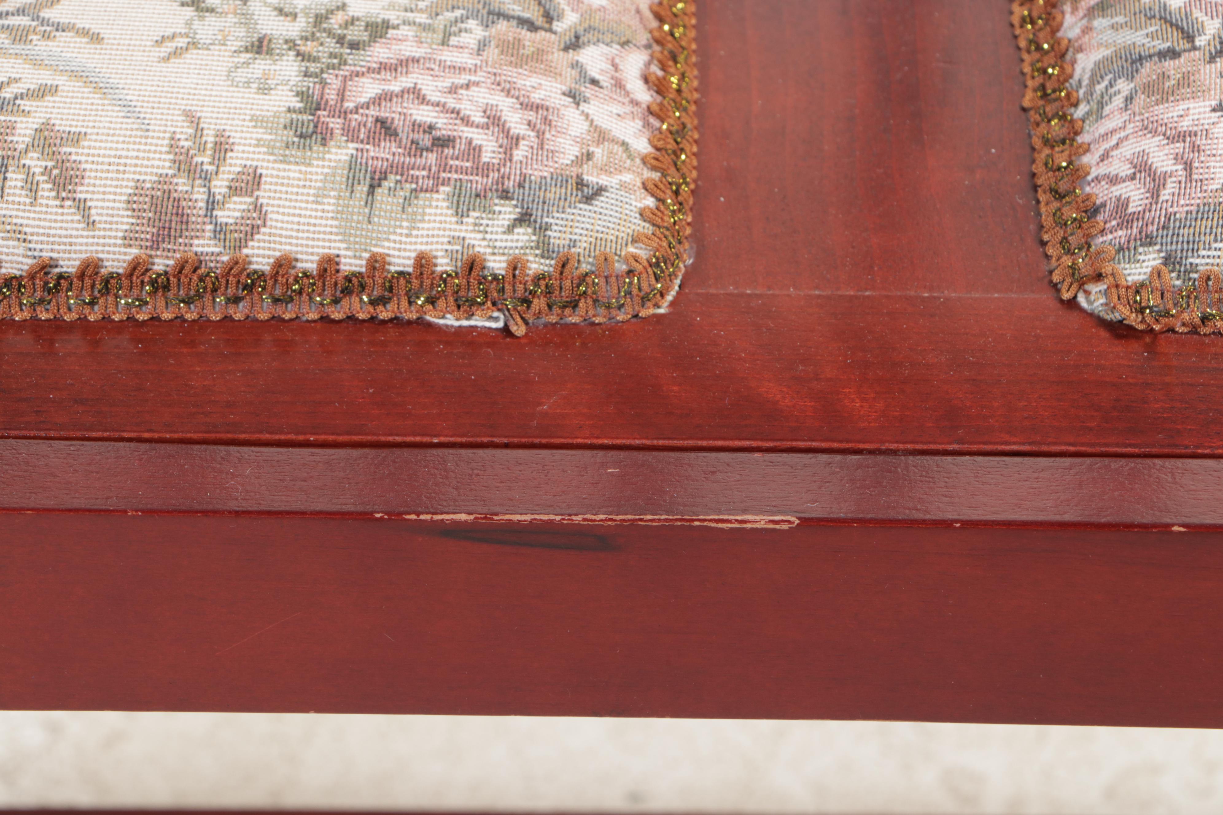 Queen Anne Style Mahogany-Stained and Floral-Upholstered Spindle-Back Bench