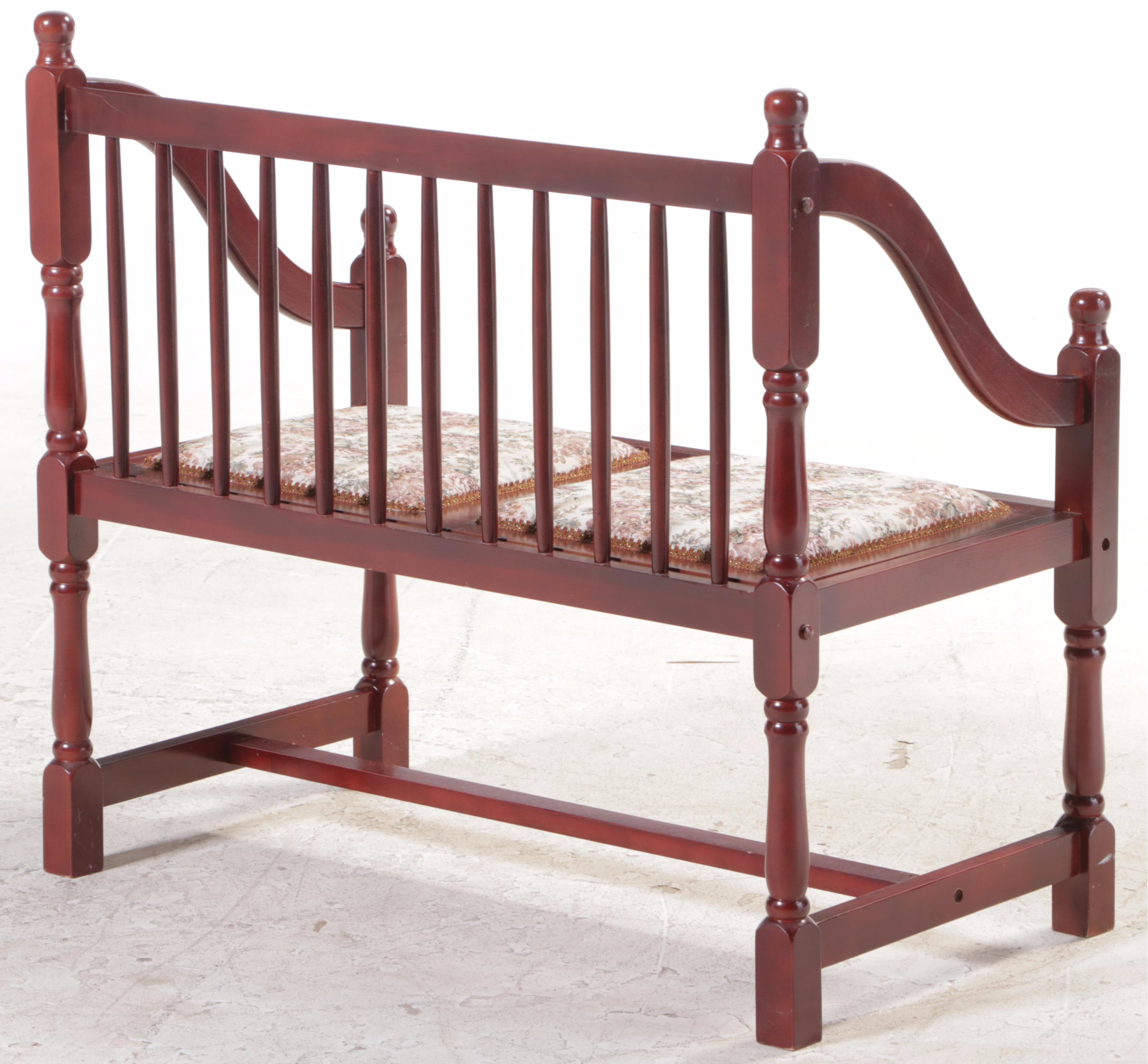 Queen Anne Style Mahogany-Stained and Floral-Upholstered Spindle-Back Bench