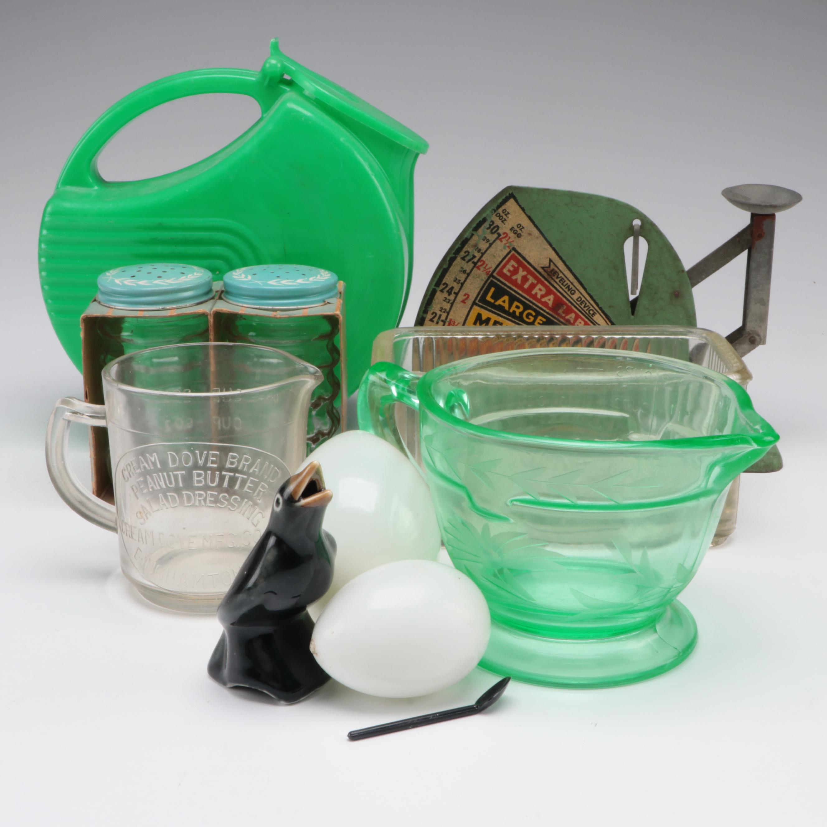 Uranium Glass and Other Measuring Cups with Egg Scale and Other Household Items