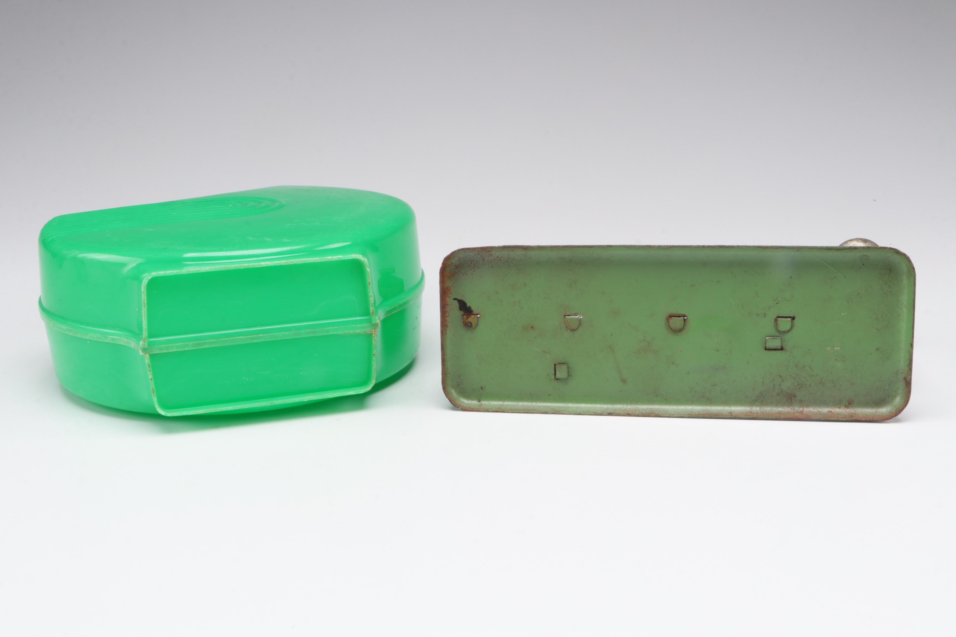 Uranium Glass and Other Measuring Cups with Egg Scale and Other Household Items