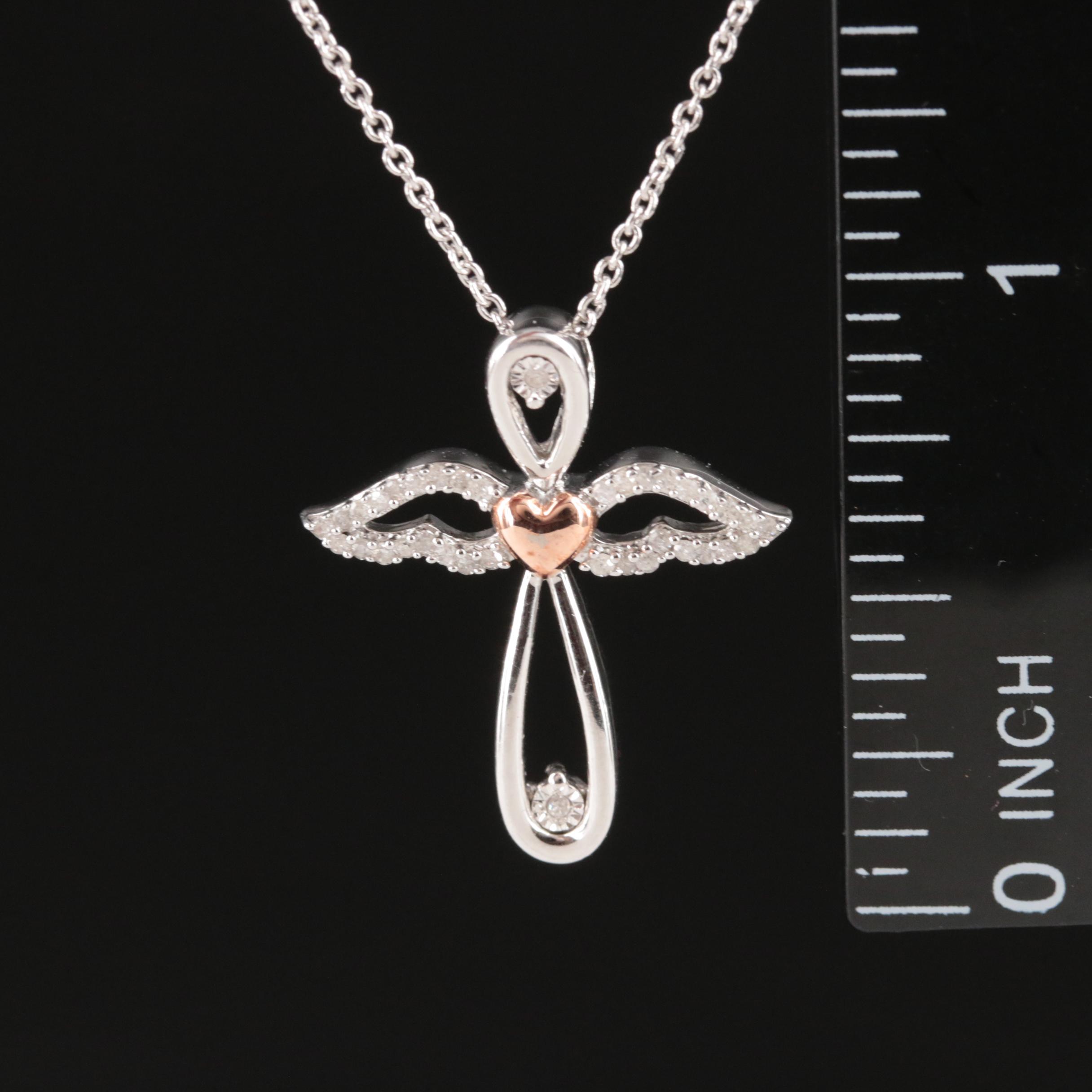 Sterling Diamond Angel Cross Pendant Necklace