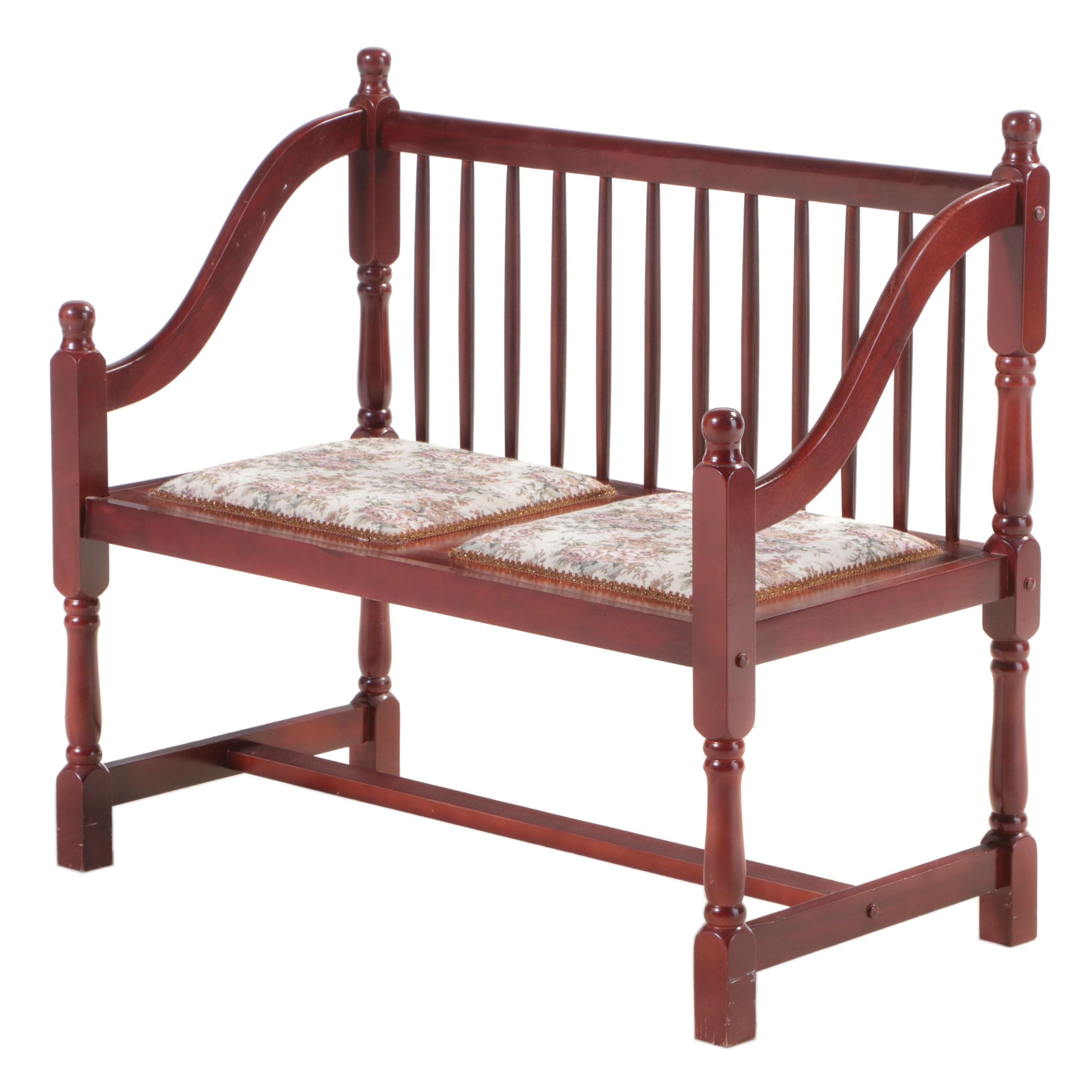 Queen Anne Style Mahogany-Stained and Floral-Upholstered Spindle-Back Bench