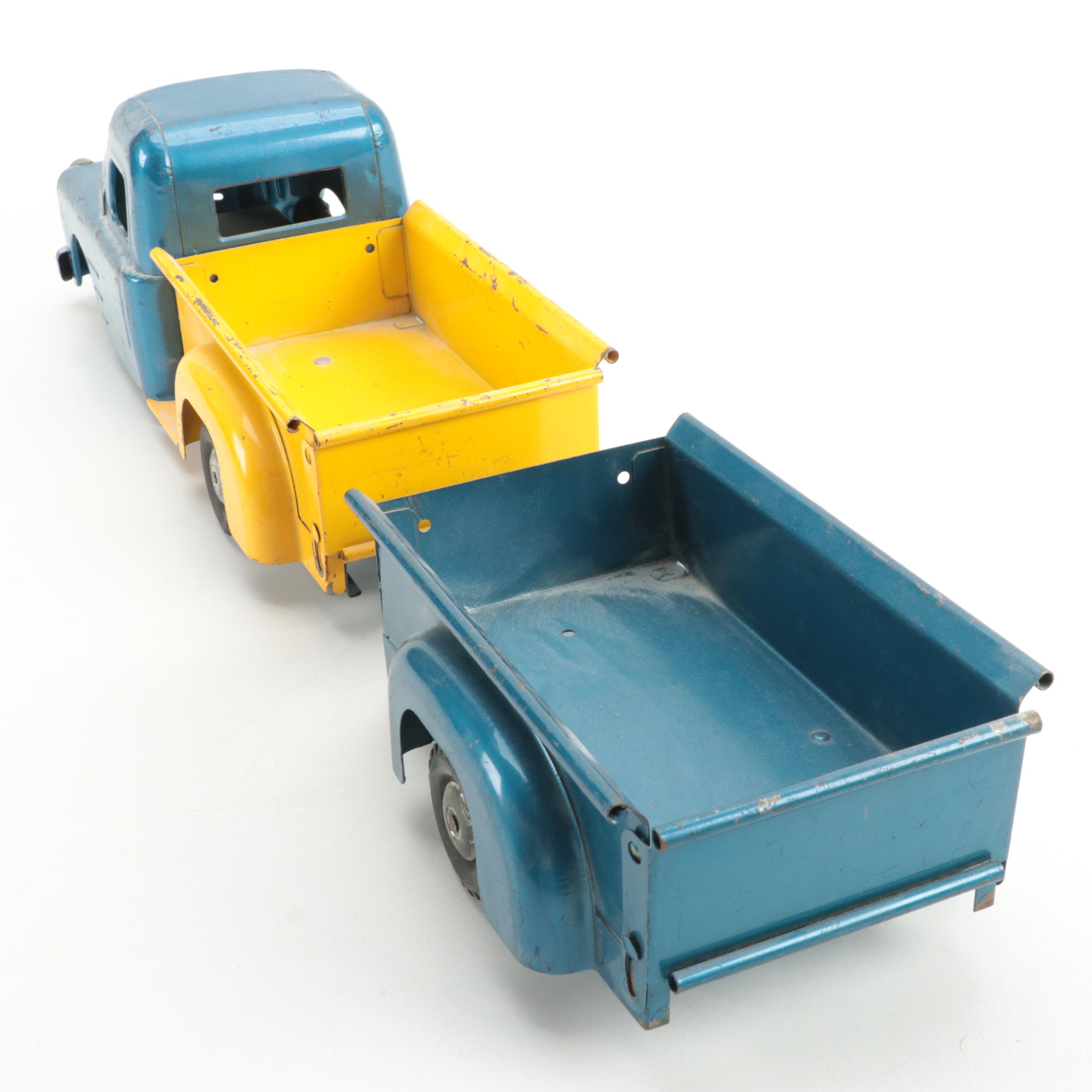 Structo Pressed Steel Toy Pickup Truck with Trailer, Mid-20th Century
