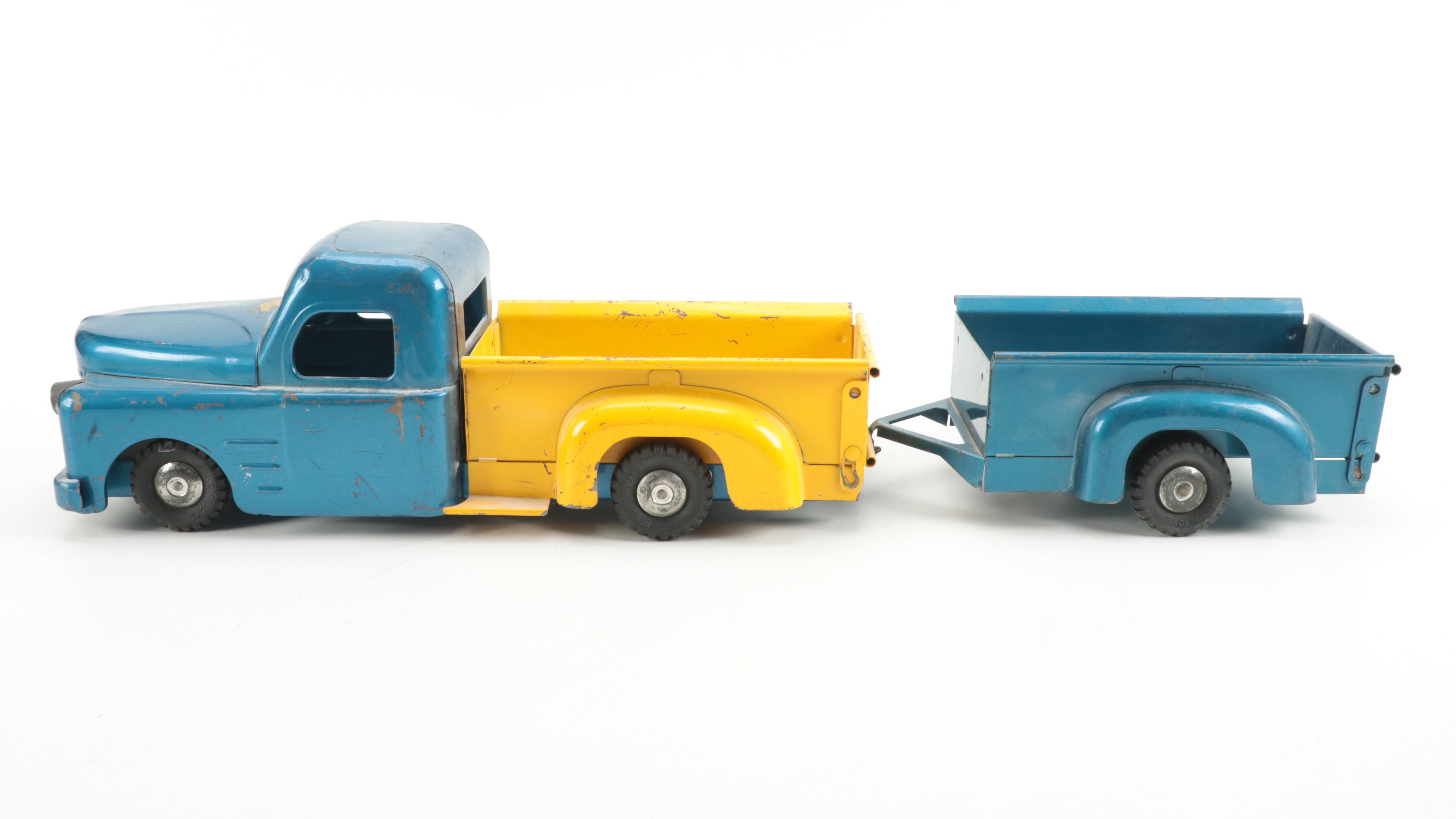 Structo Pressed Steel Toy Pickup Truck with Trailer, Mid-20th Century