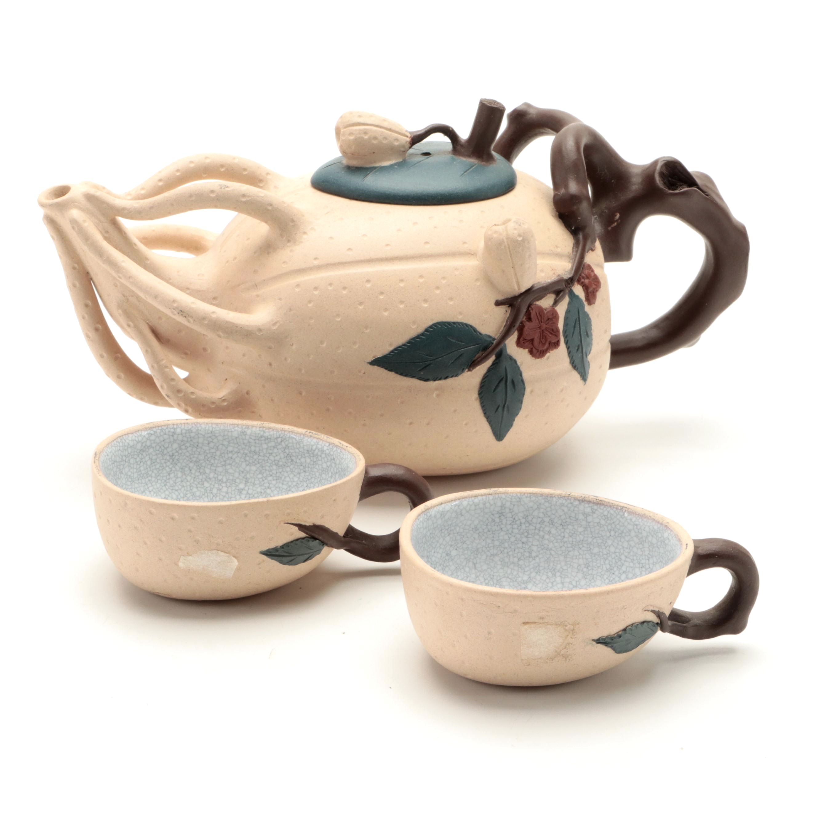 Chinese Yixing Pottery Gourd Shape Teapot and Teacups