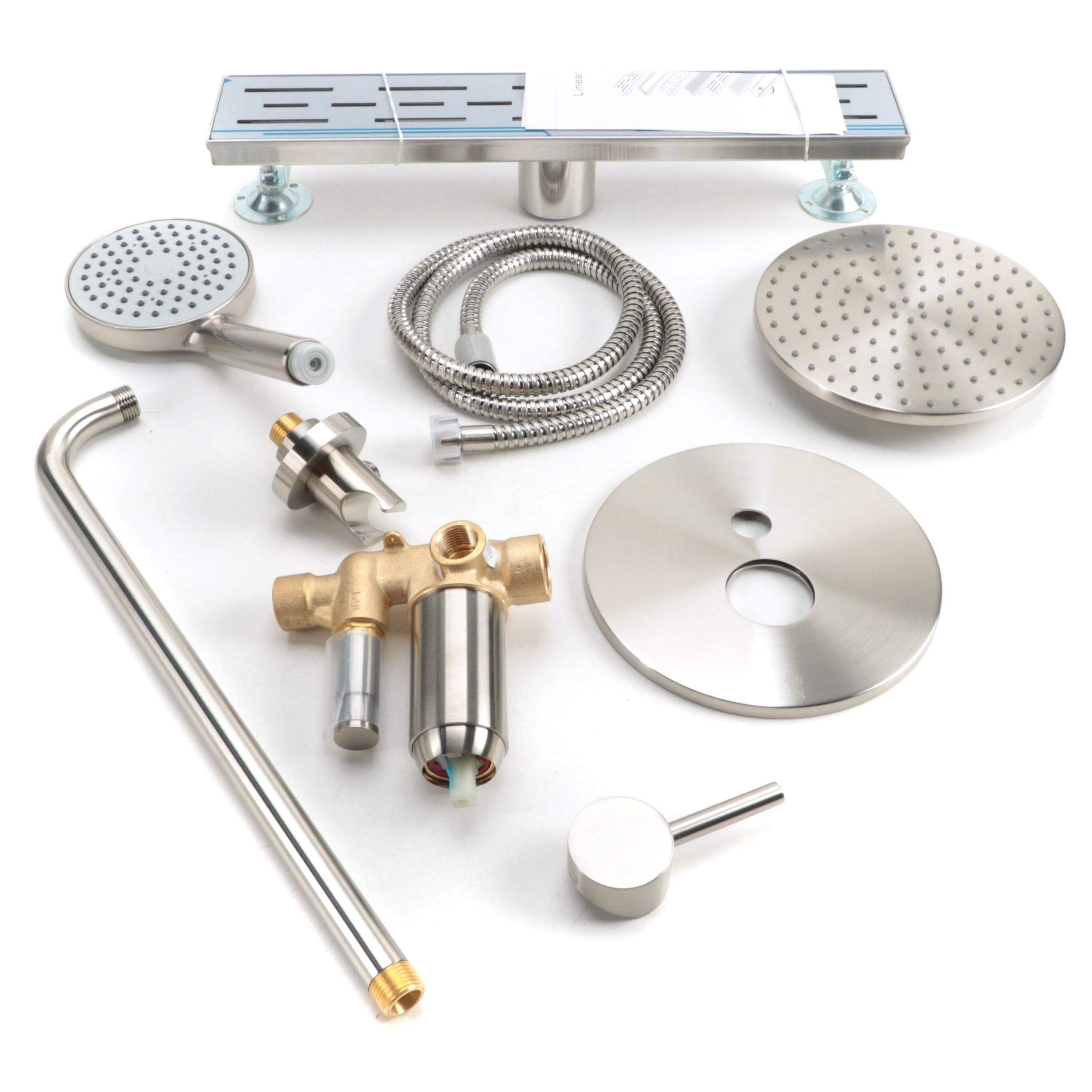 Brushed Nickel Finish Shower System with Rainfall Shower Head and Linear Drain