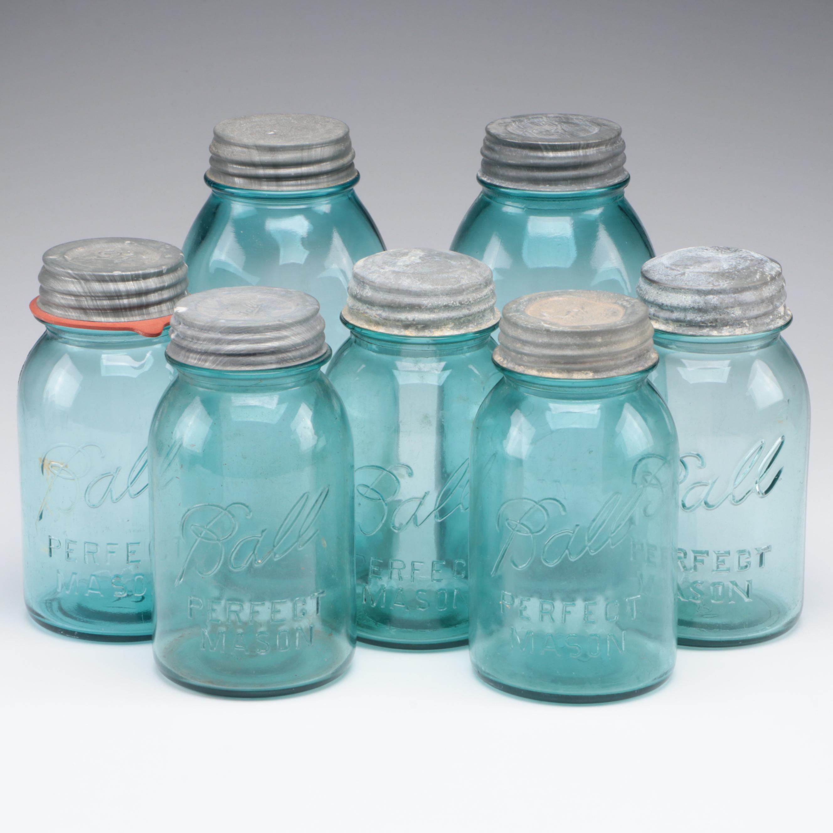 Ball Perfect Mason Blue Glass Canning Jars, 20th Century