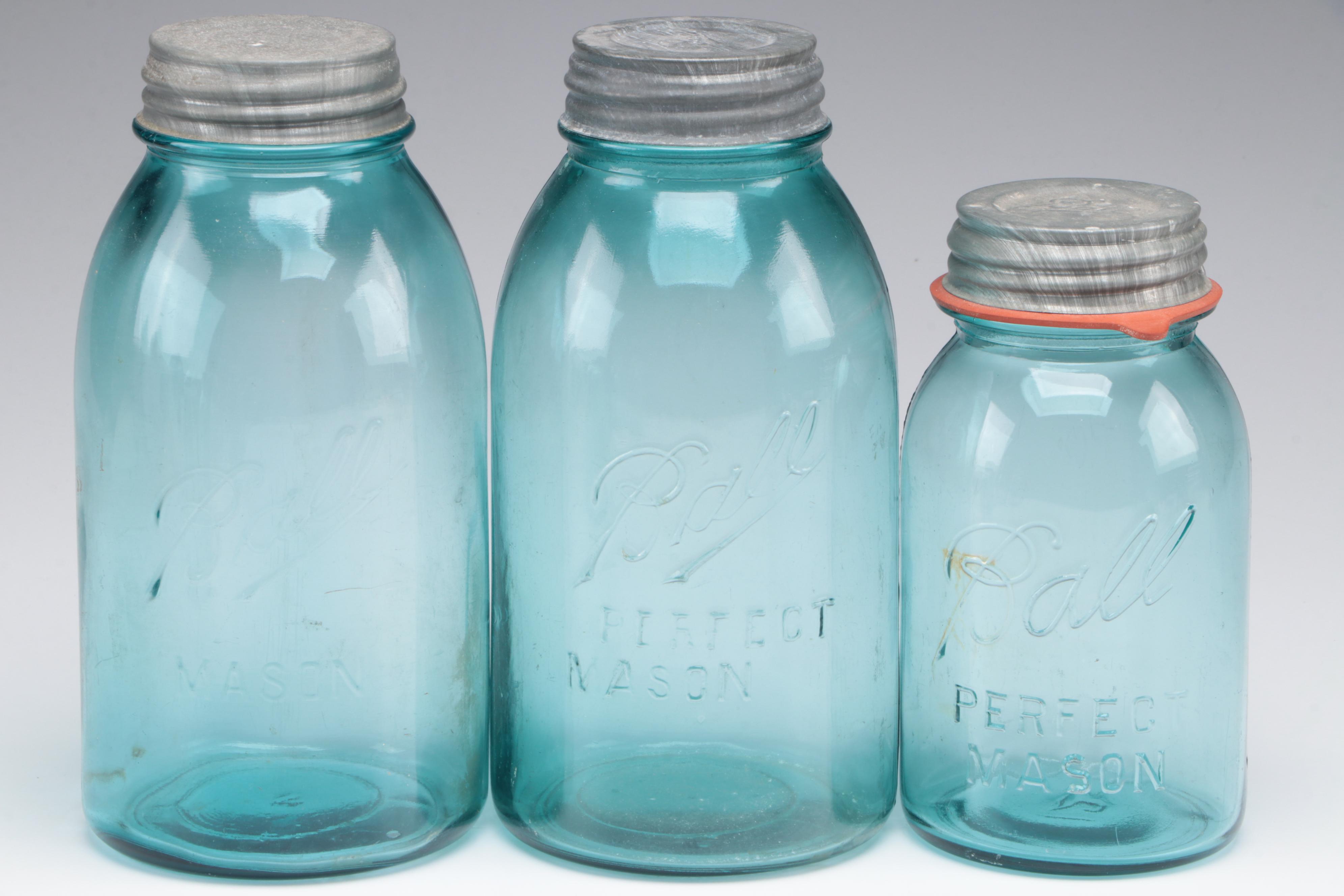 Ball Perfect Mason Blue Glass Canning Jars, 20th Century