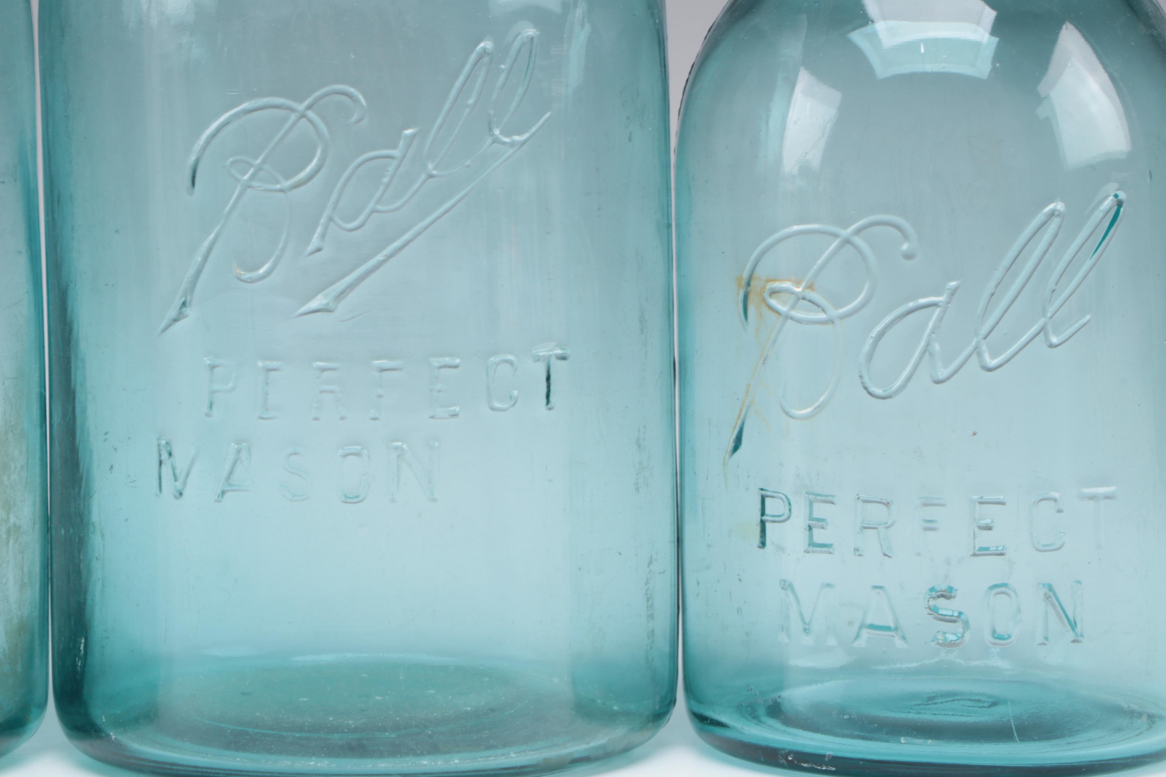 Ball Perfect Mason Blue Glass Canning Jars, 20th Century