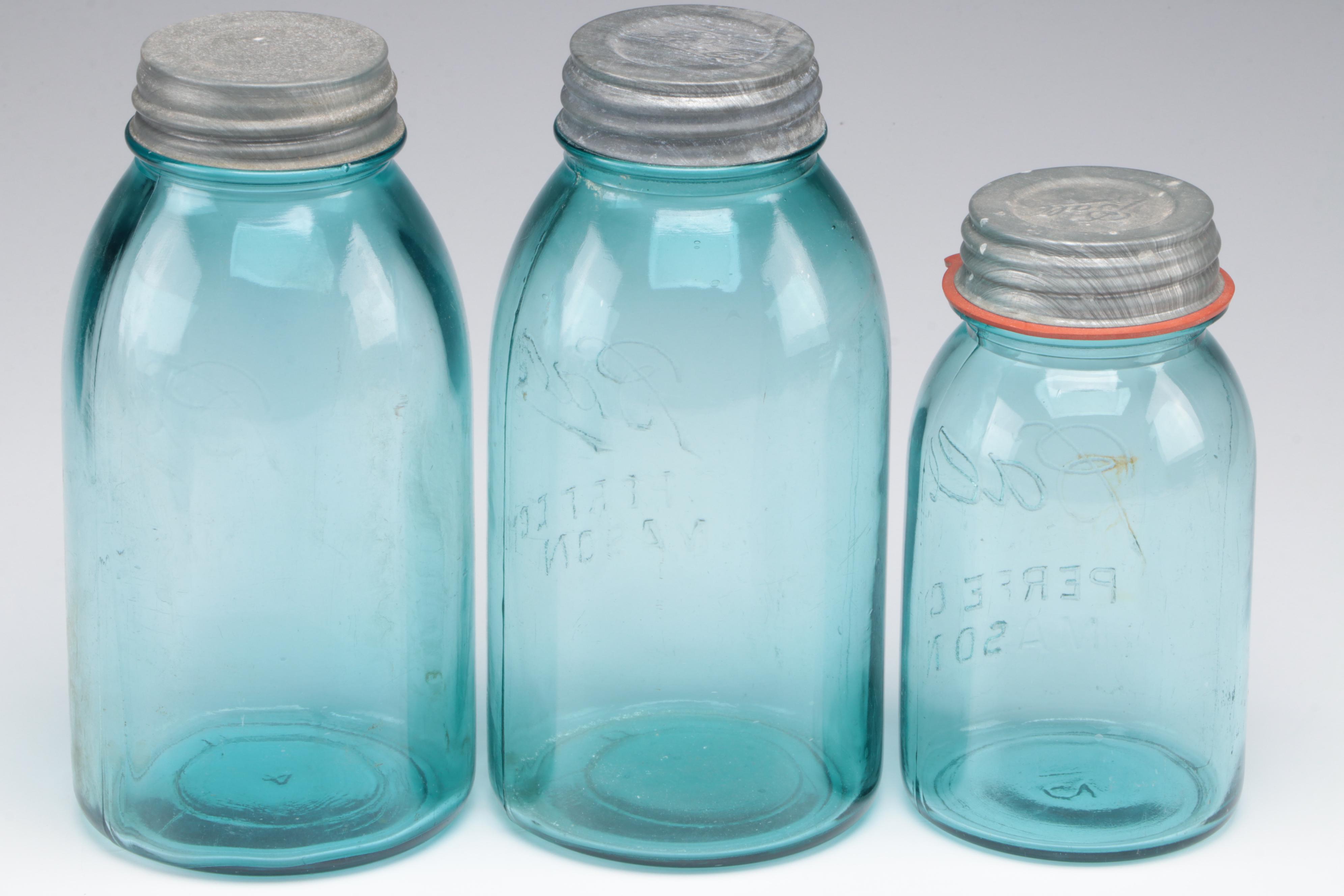 Ball Perfect Mason Blue Glass Canning Jars, 20th Century