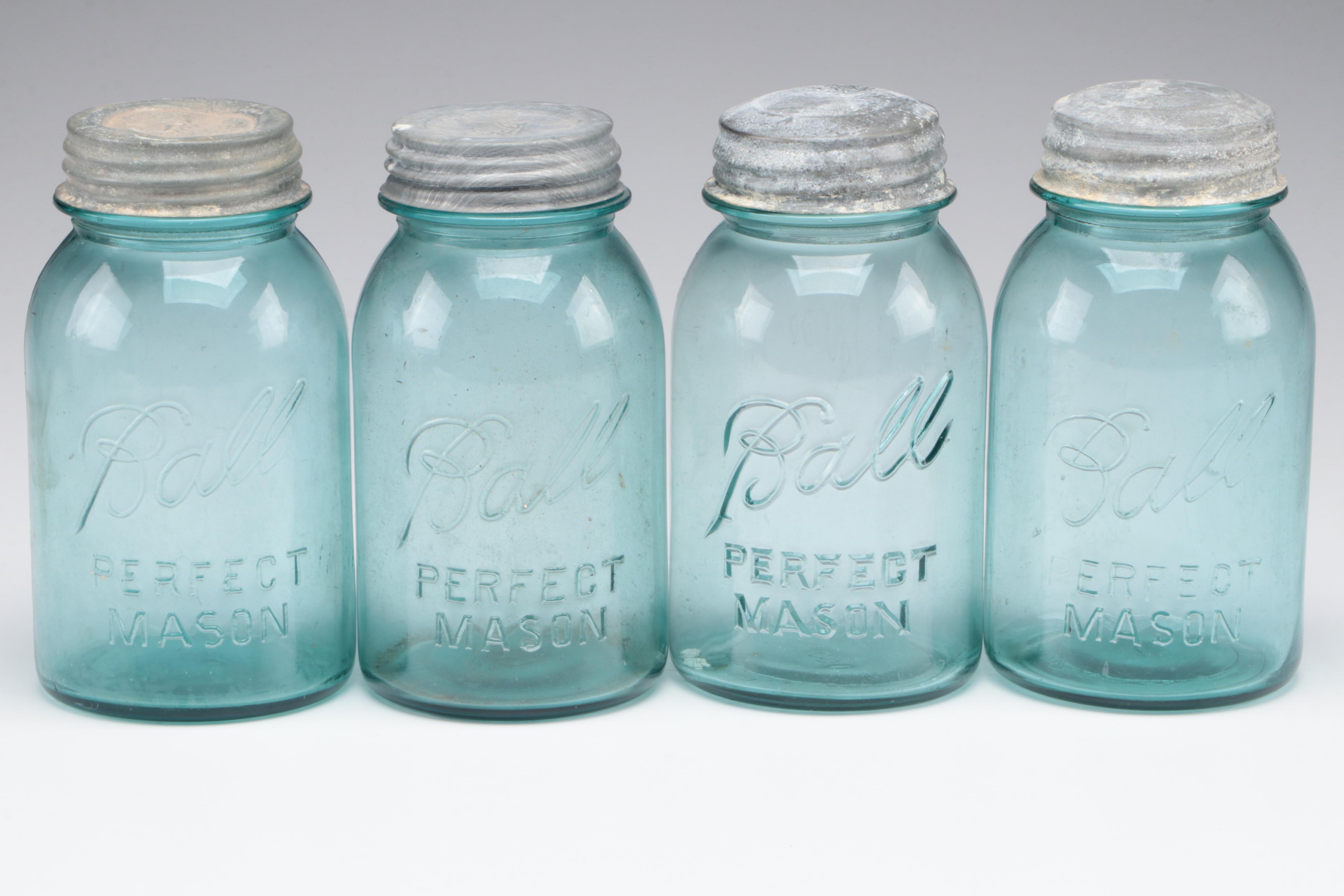 Ball Perfect Mason Blue Glass Canning Jars, 20th Century