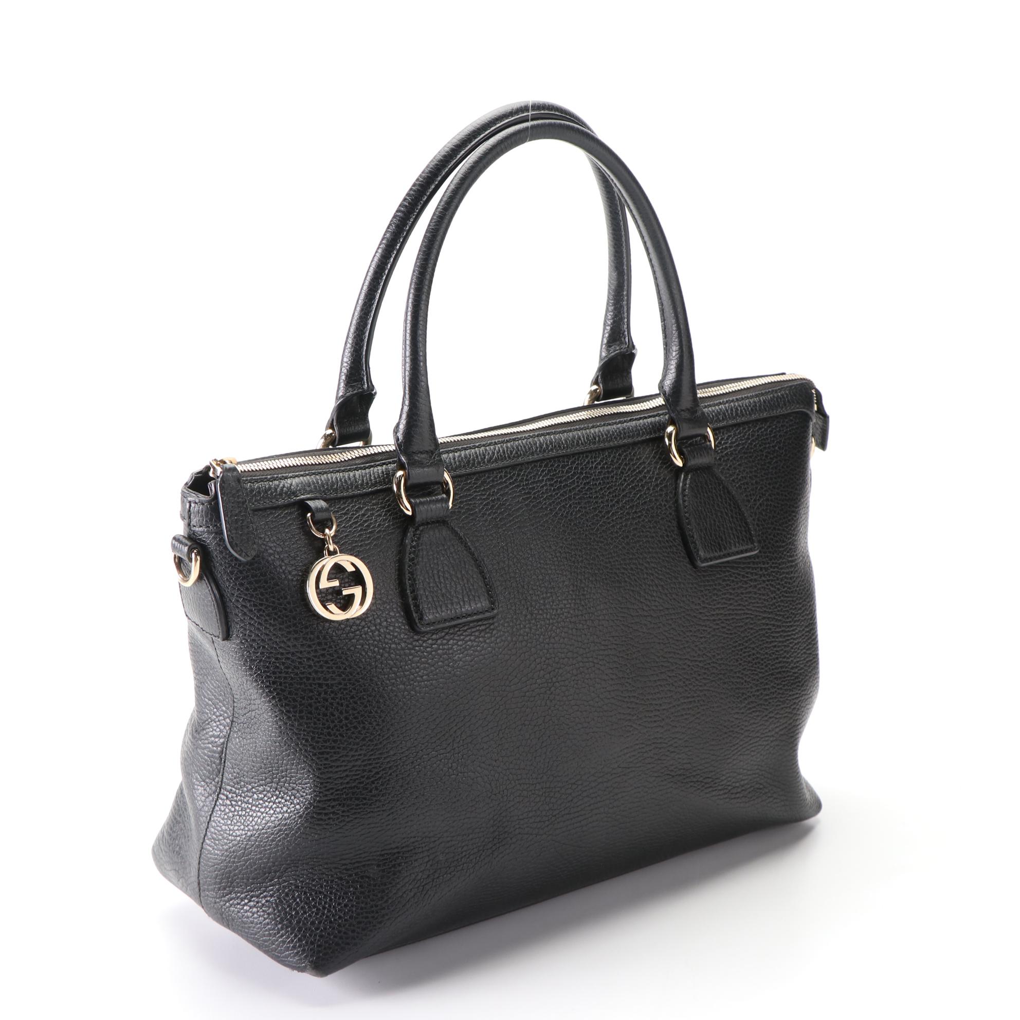 Gucci Tote in Black Grain Leather with Interlocking GG Charm