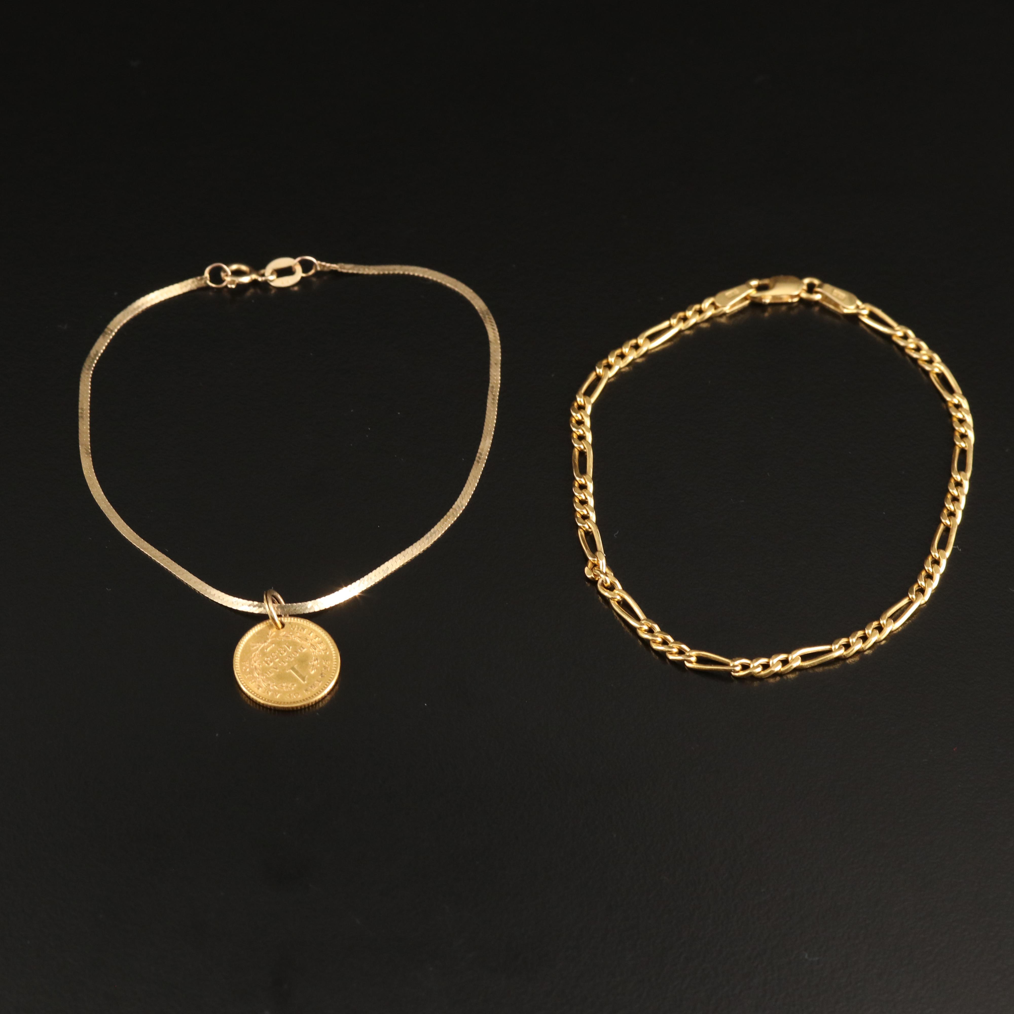 14K Bracelets Including an 1853 Liberty Head Type I Gold Dollar