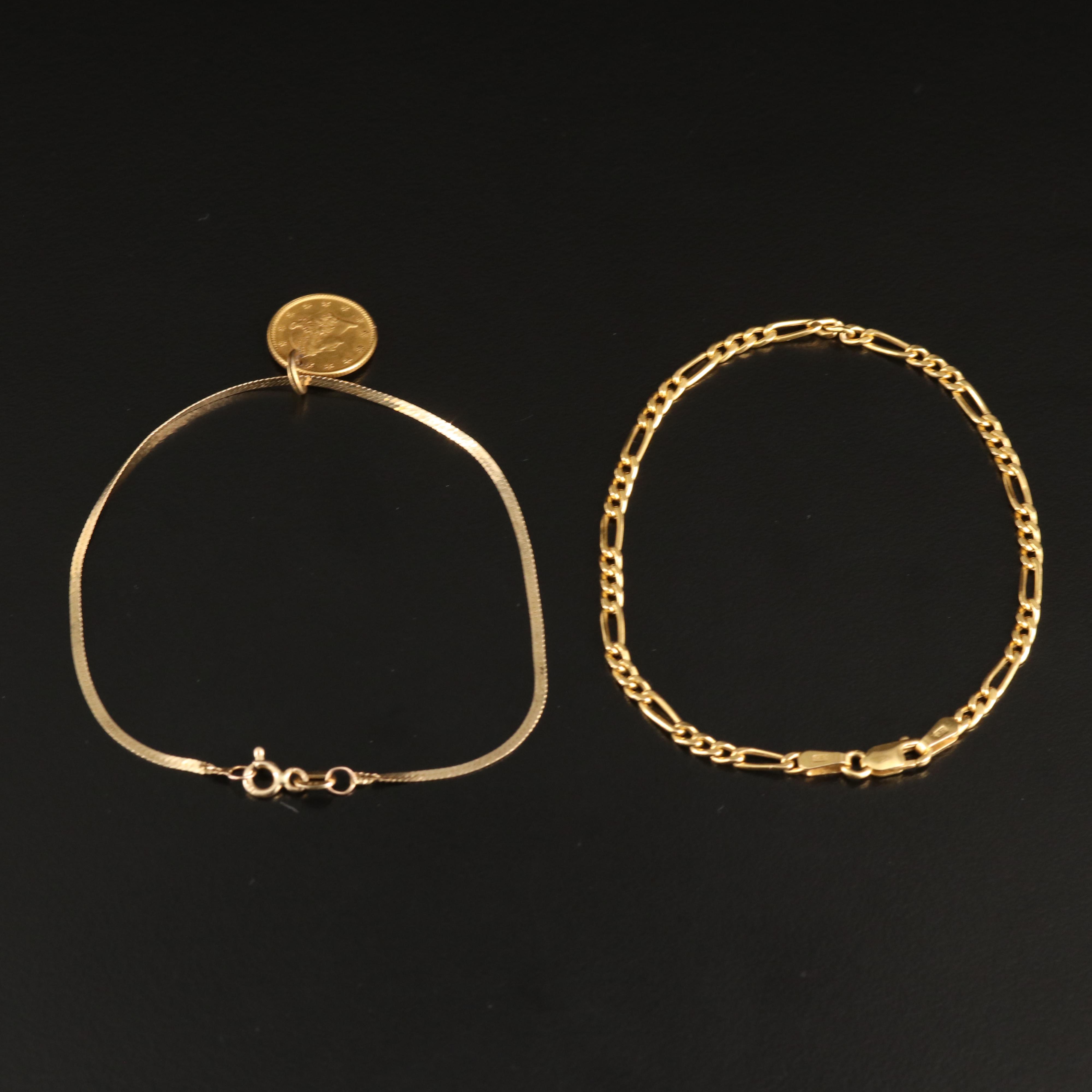 14K Bracelets Including an 1853 Liberty Head Type I Gold Dollar