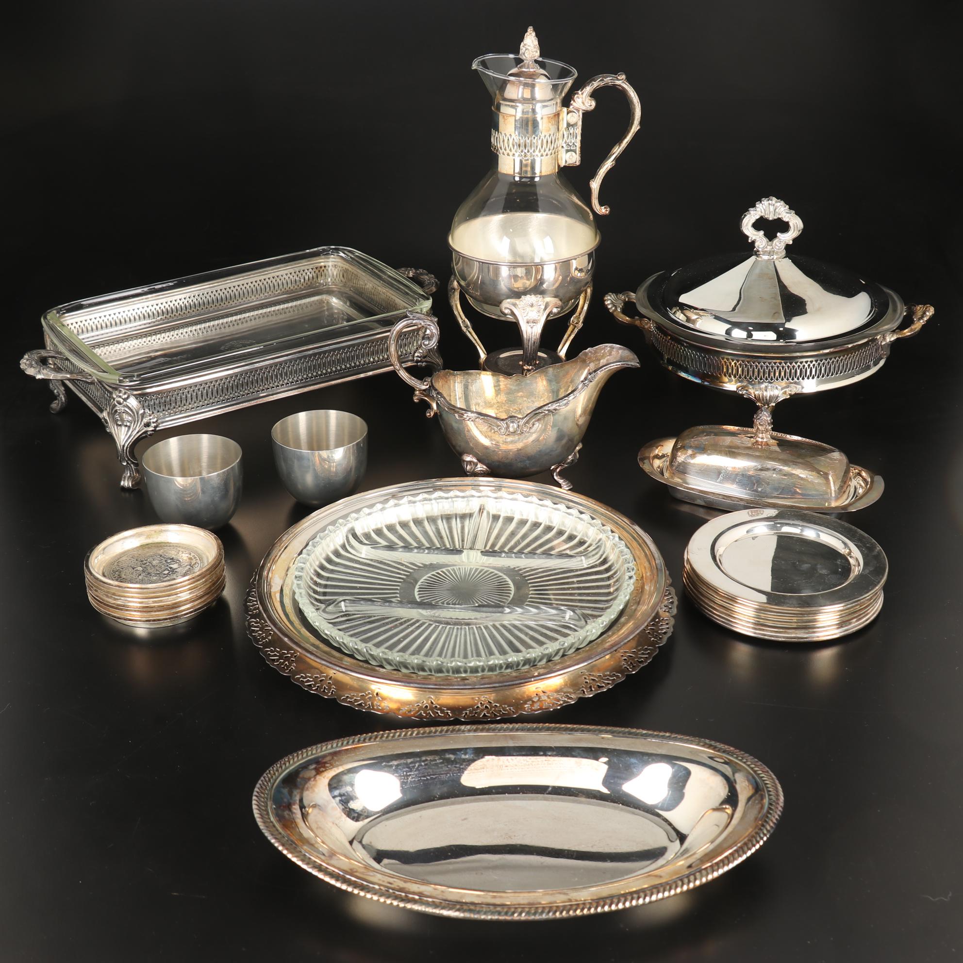 Pair of Kirk-Stieff Pewter Jefferson Cups and Other Silver Plate Serveware
