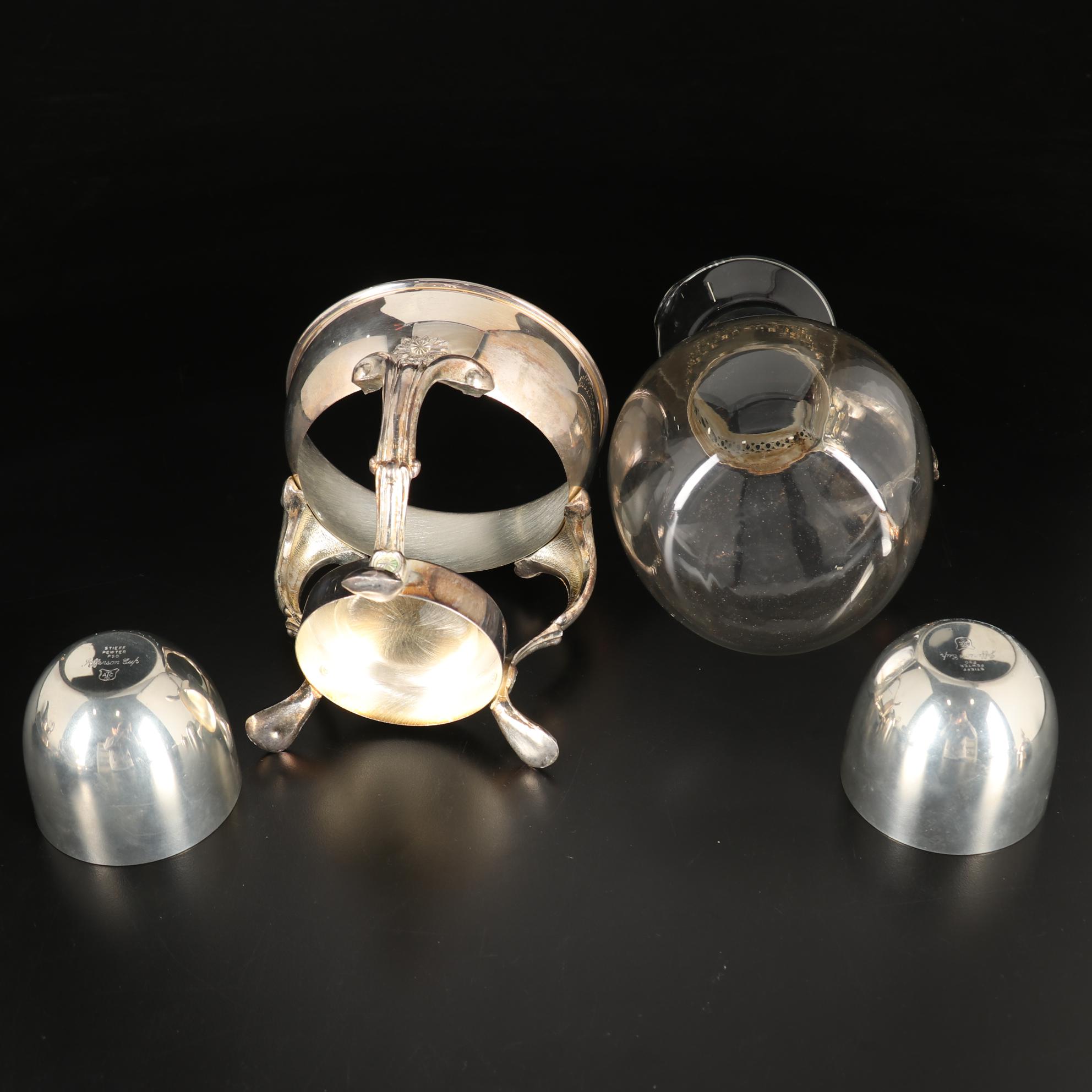 Pair of Kirk-Stieff Pewter Jefferson Cups and Other Silver Plate Serveware