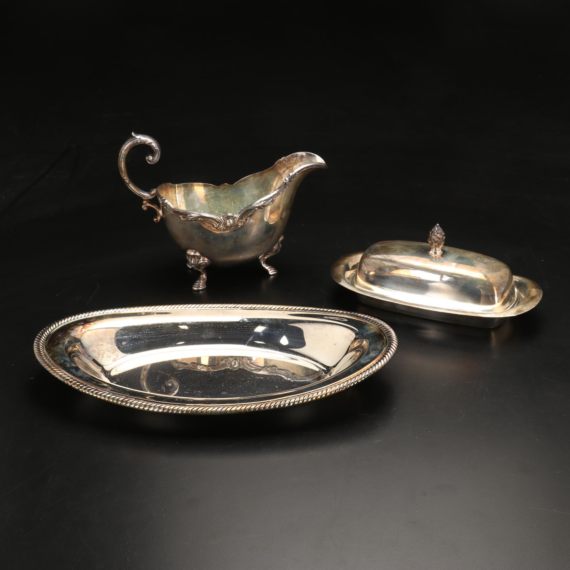 Pair of Kirk-Stieff Pewter Jefferson Cups and Other Silver Plate Serveware