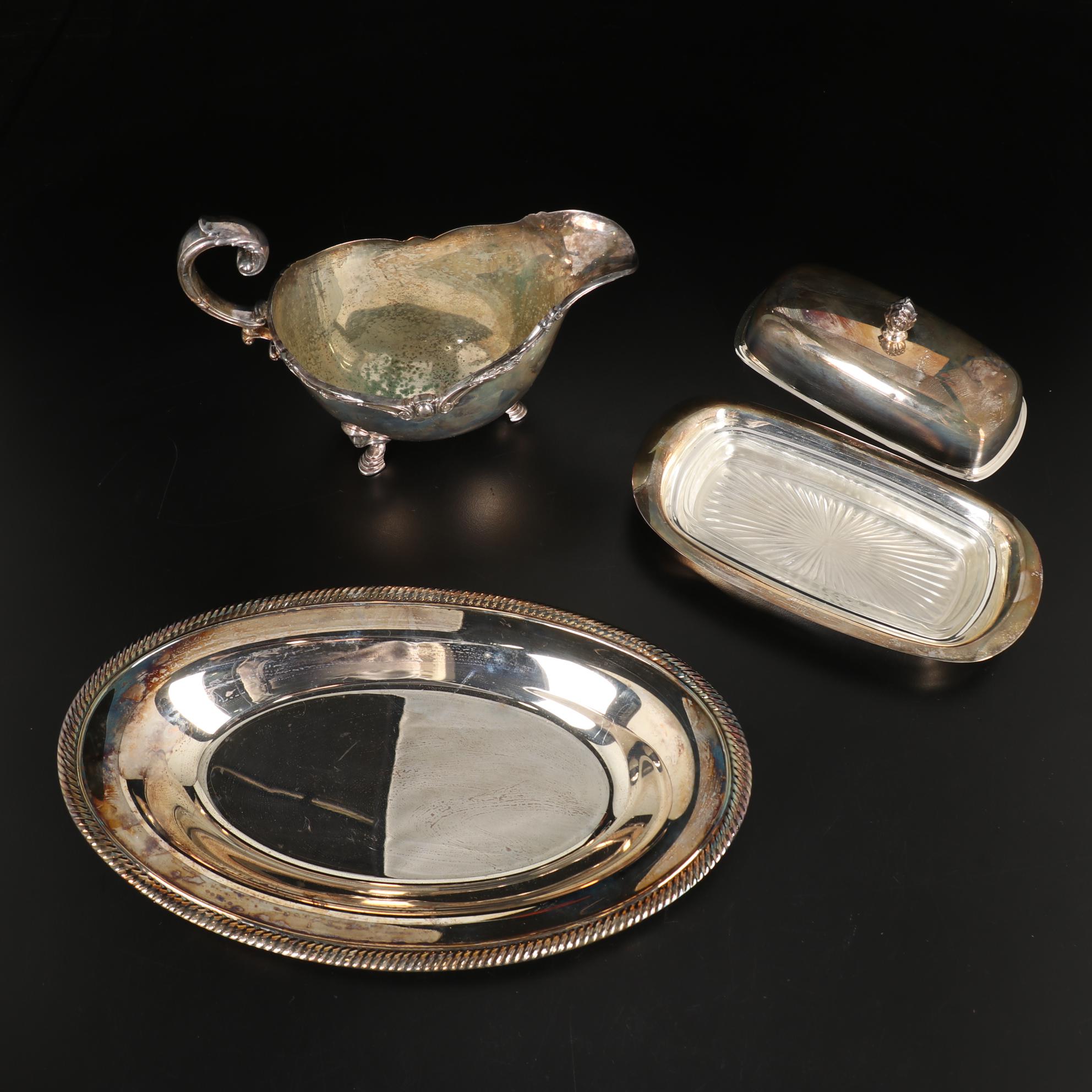 Pair of Kirk-Stieff Pewter Jefferson Cups and Other Silver Plate Serveware