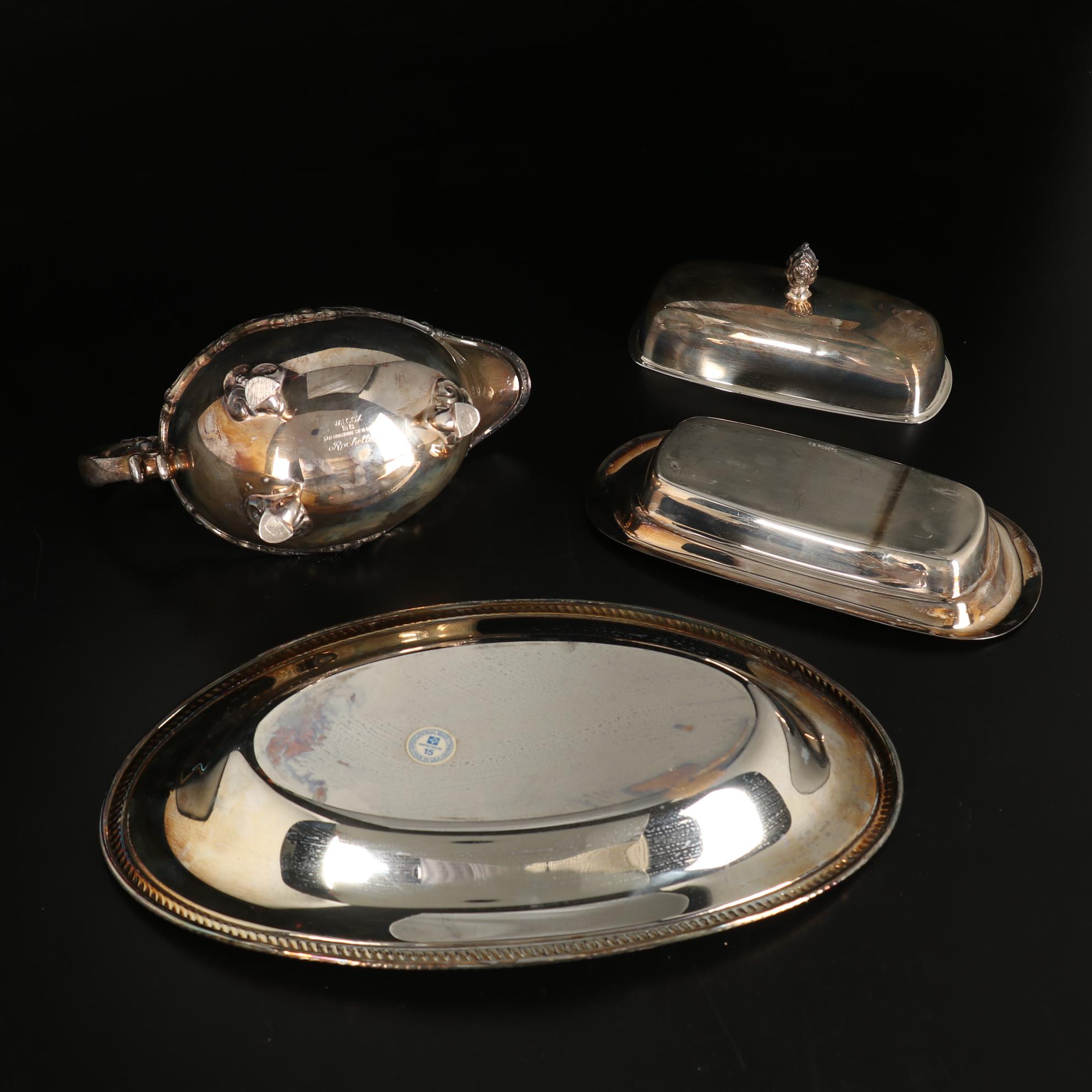 Pair of Kirk-Stieff Pewter Jefferson Cups and Other Silver Plate Serveware