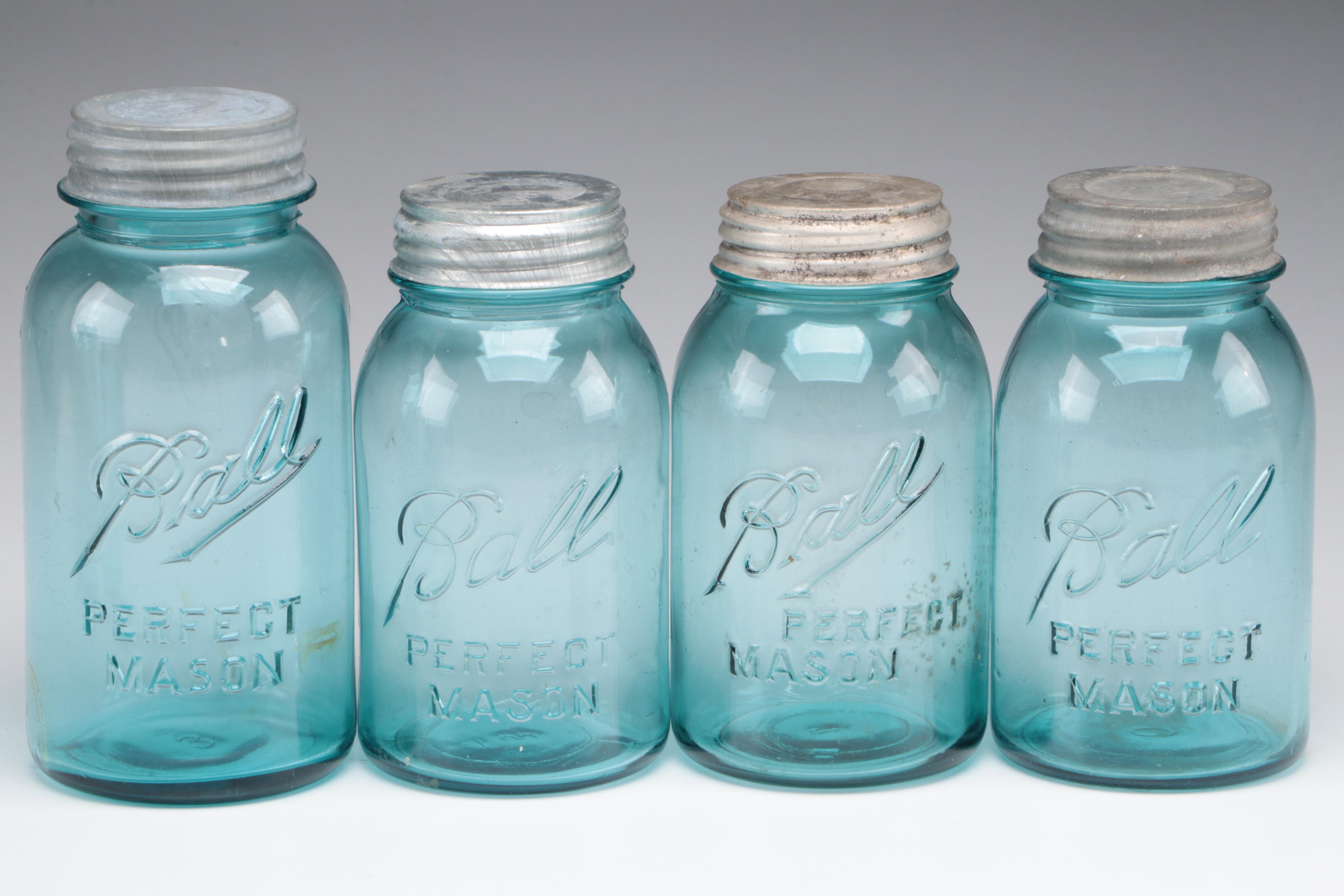 Ball Perfect Mason Blue Glass Canning Jars, 20th Century